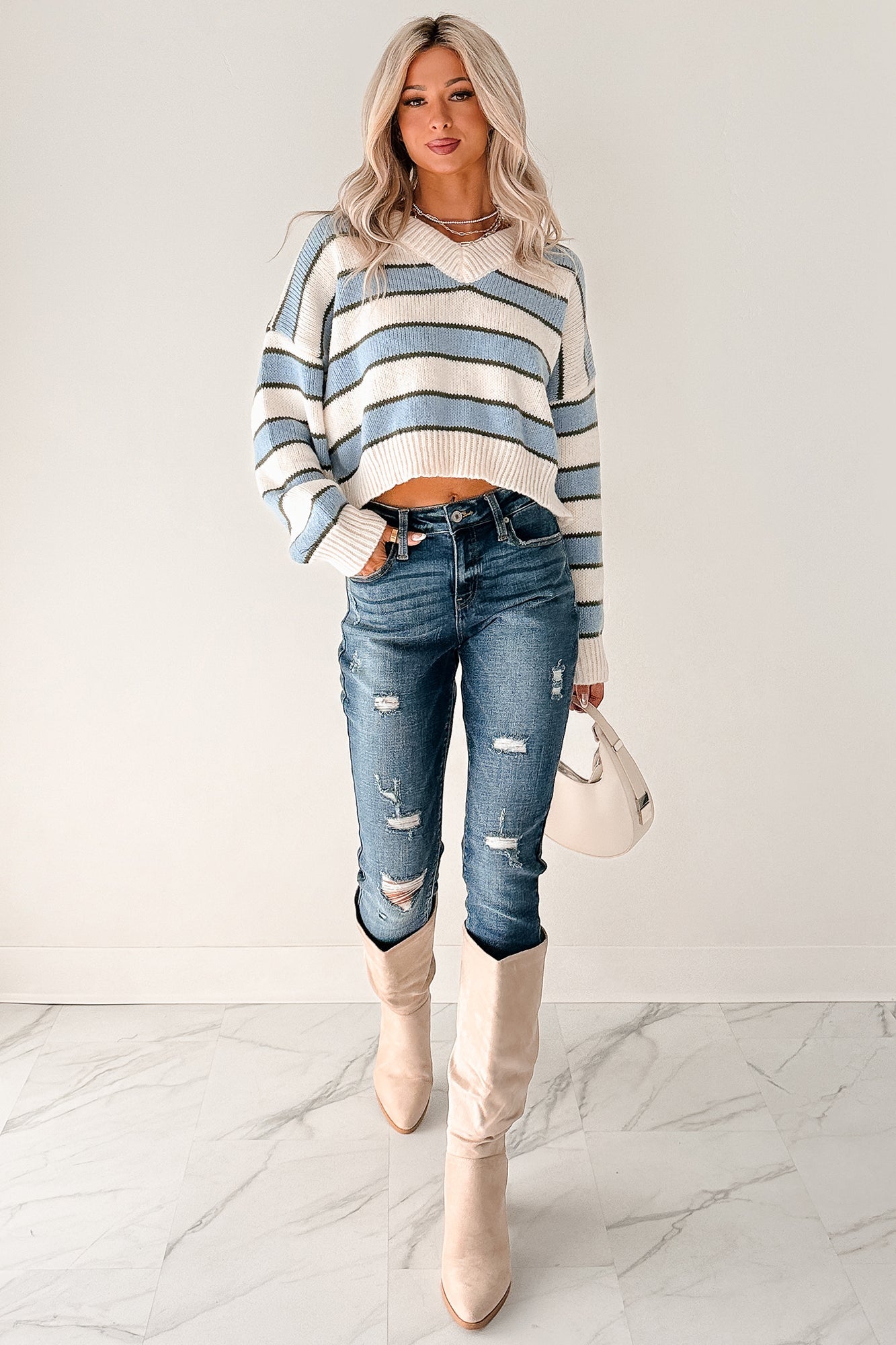 Keep It Soft Striped V Neck Sweater (White/Blue)