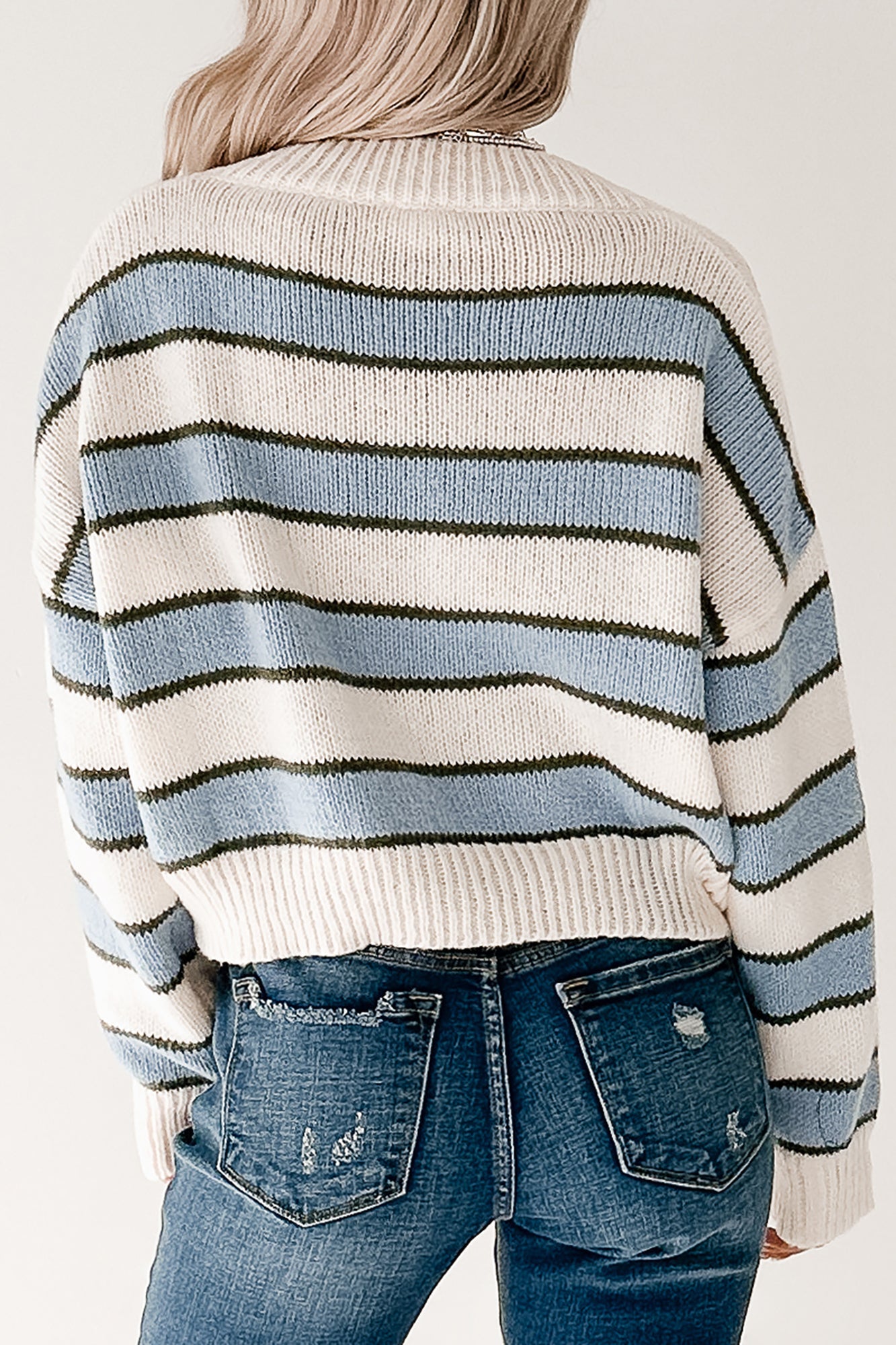 Keep It Soft Striped V Neck Sweater (White/Blue)