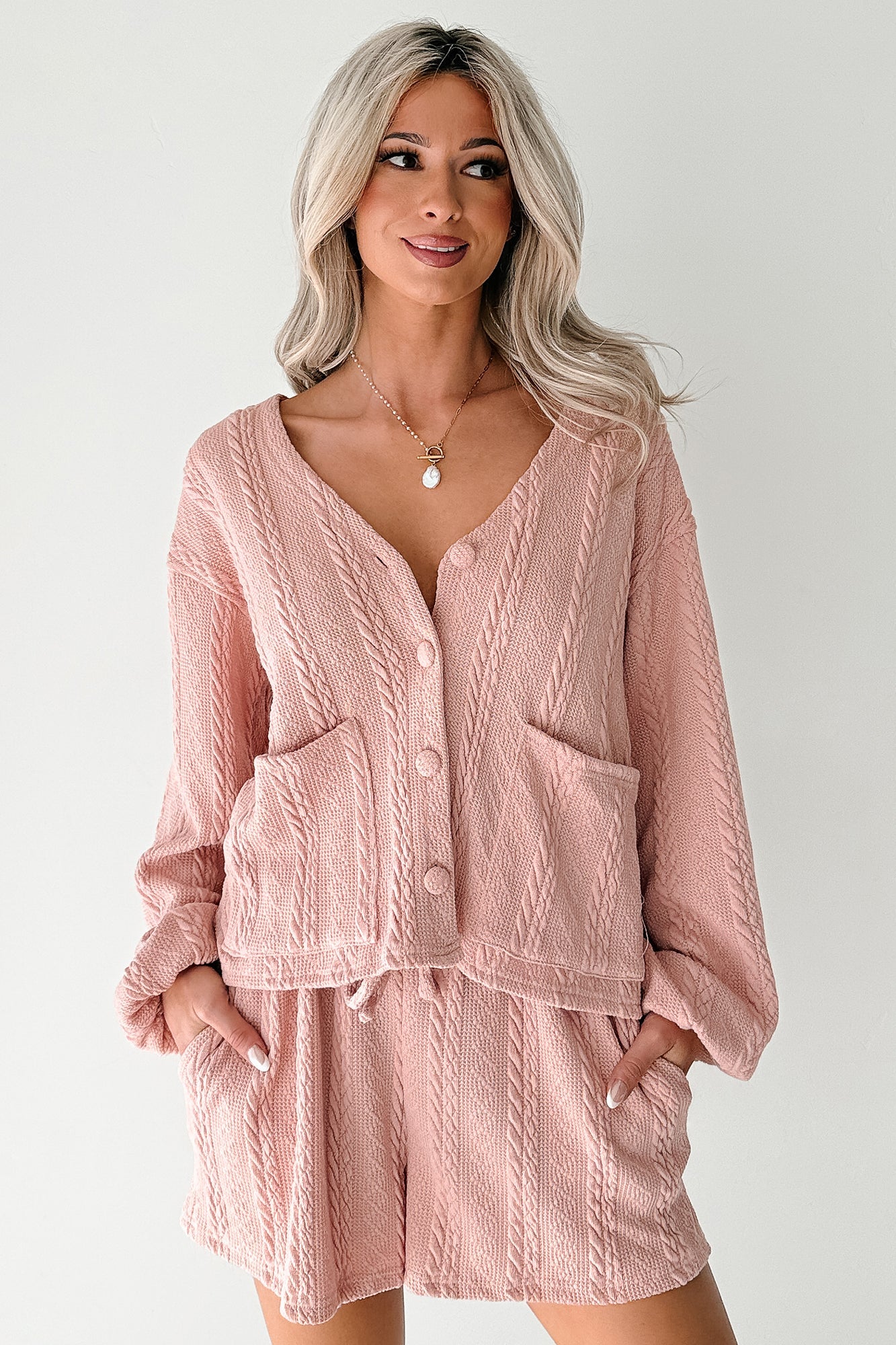 Sweet & Steady Cable Knit Cardigan Set (Dusty Pink)