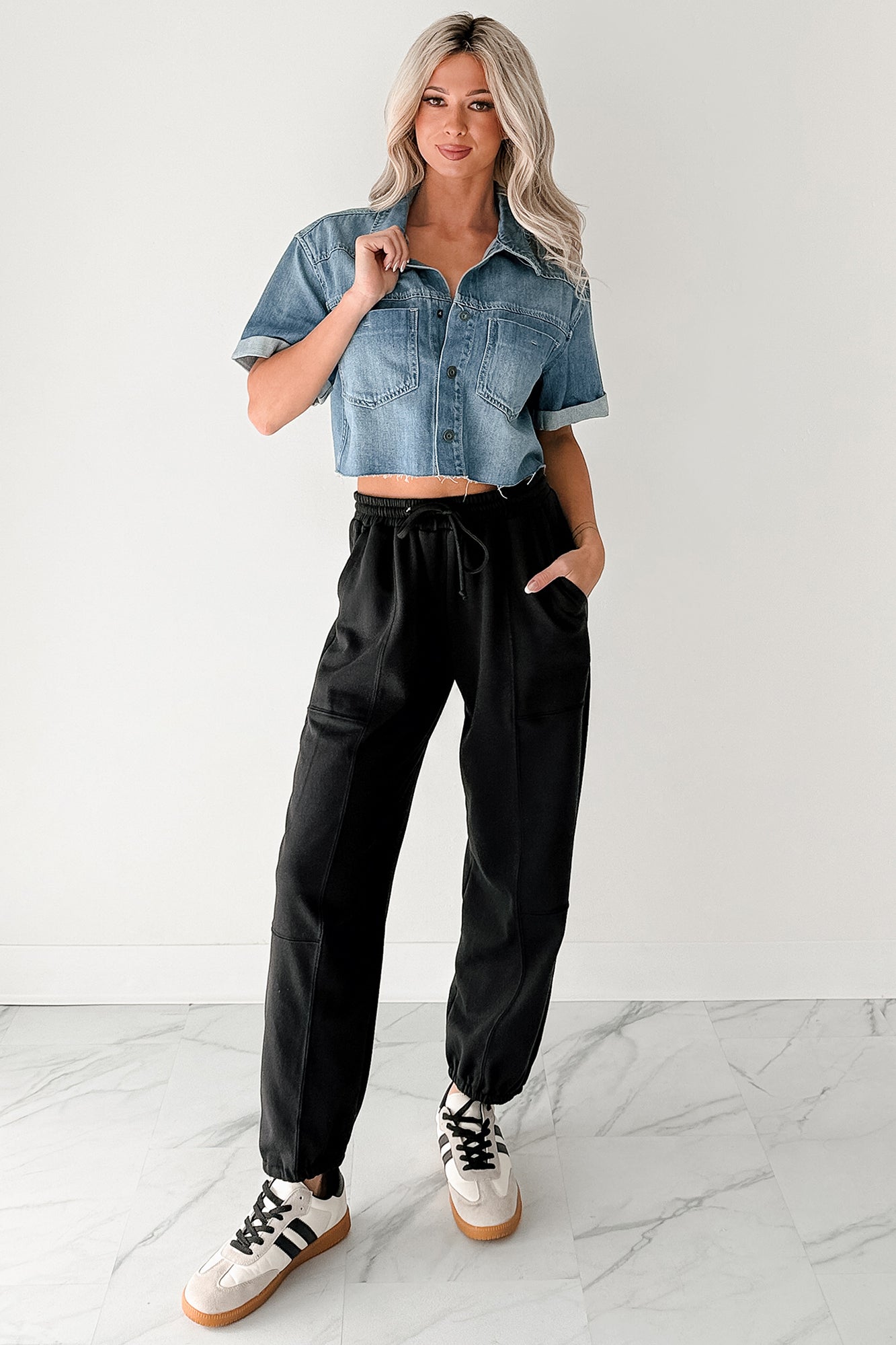 Out & About Short Sleeve Denim Crop Top (Medium)