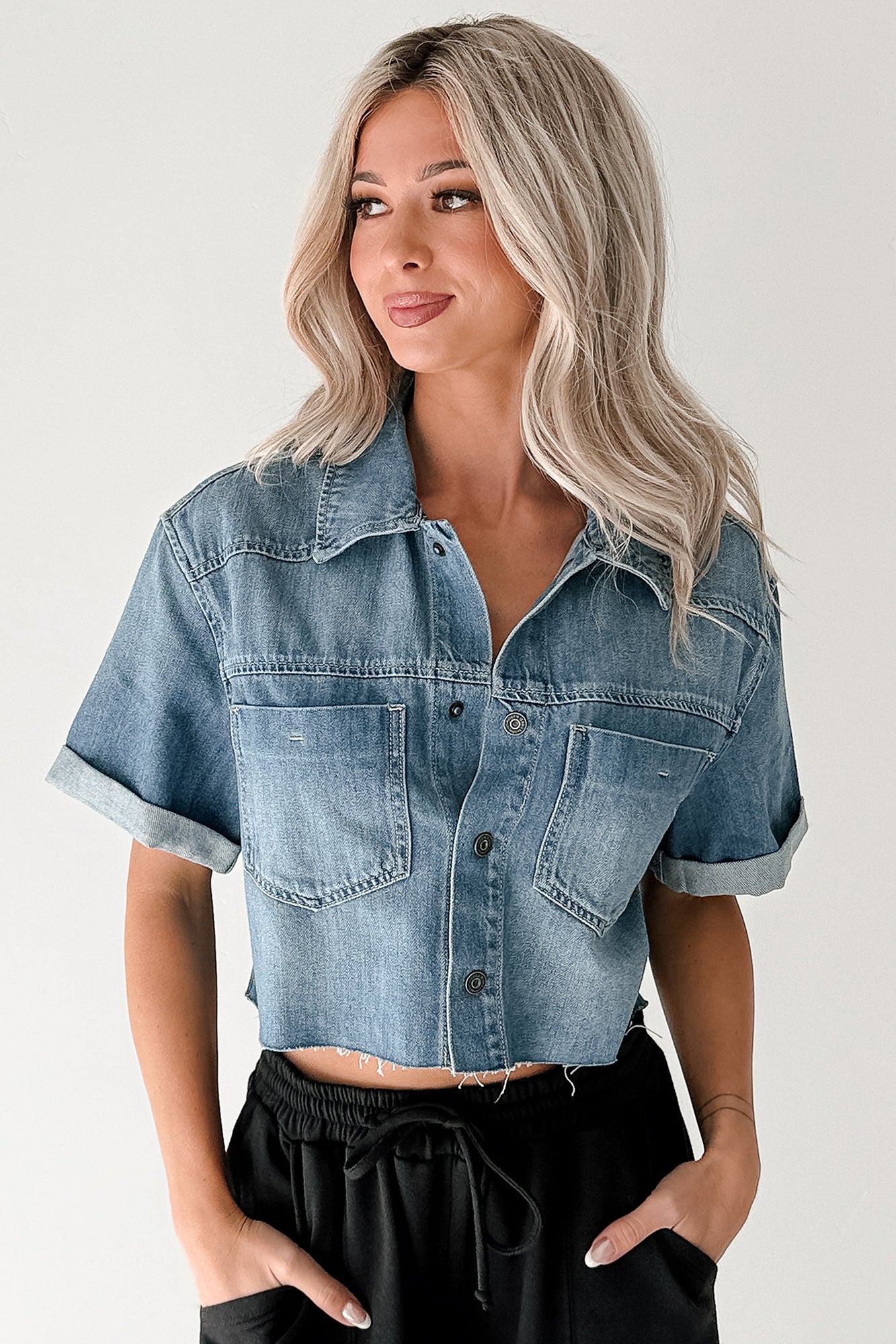 Out & About Short Sleeve Denim Crop Top (Medium)