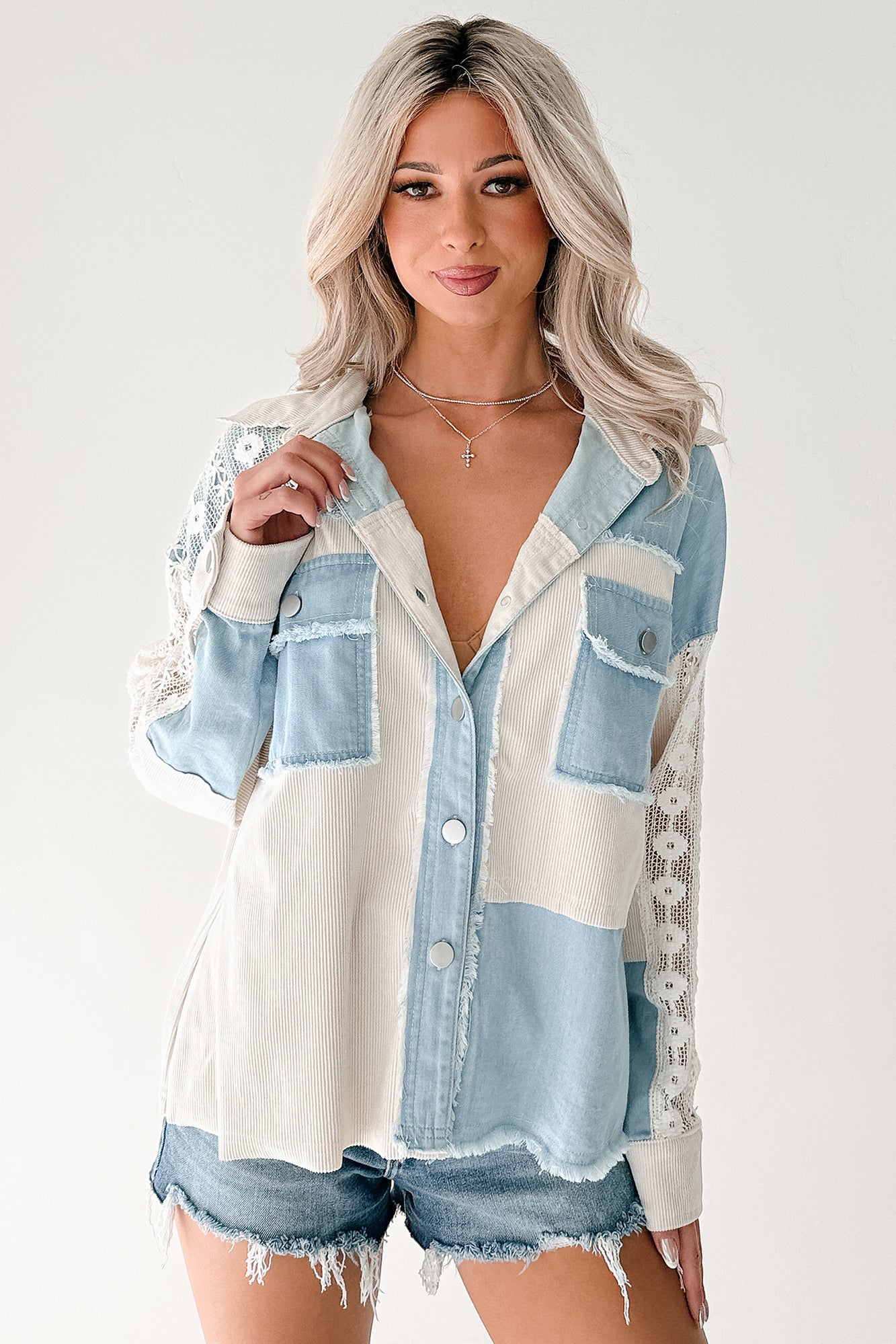 Bold Agenda Denim Corduroy Mix Shacket (Light Blue)