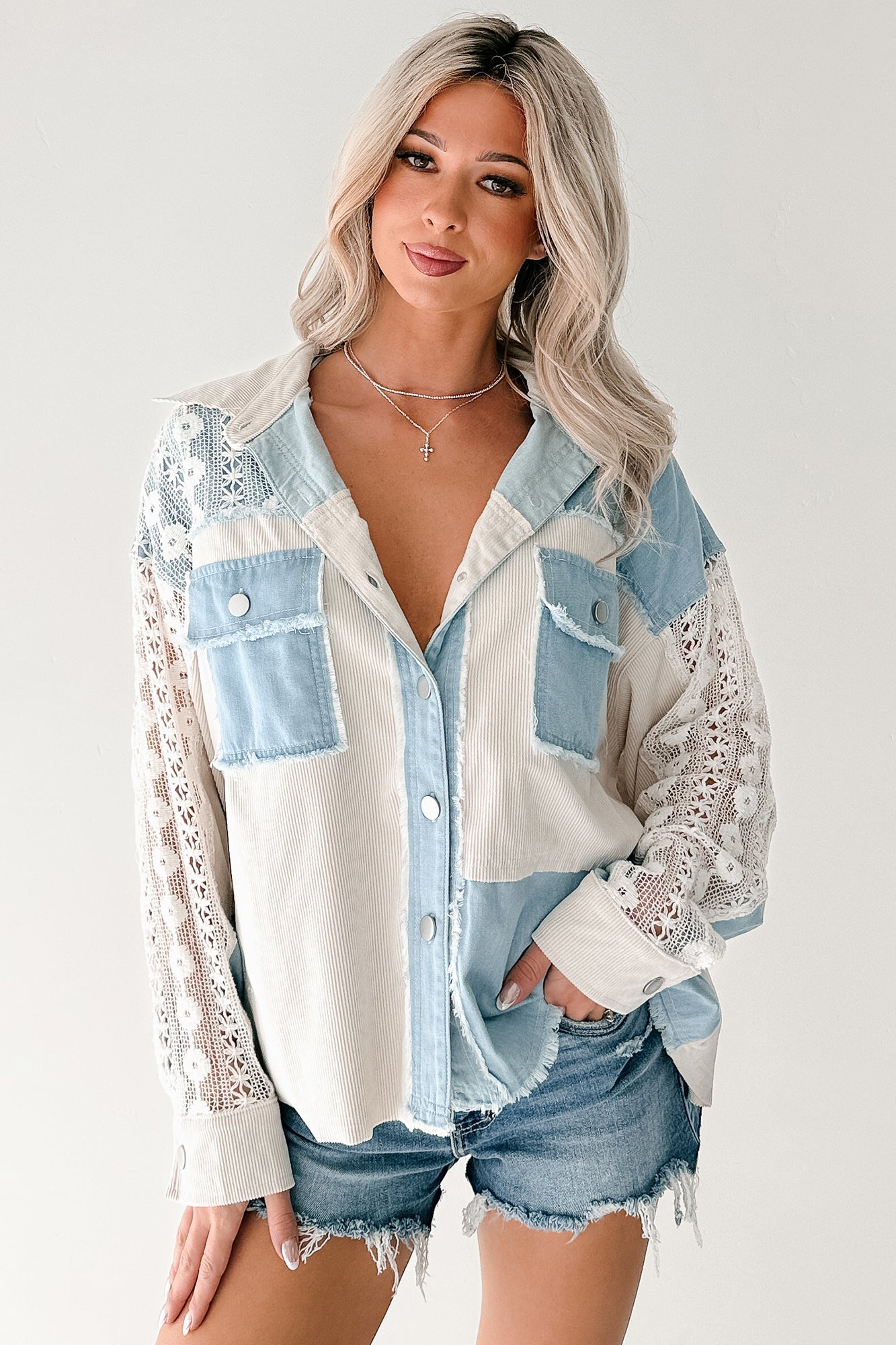Bold Agenda Denim Corduroy Mix Shacket (Light Blue)