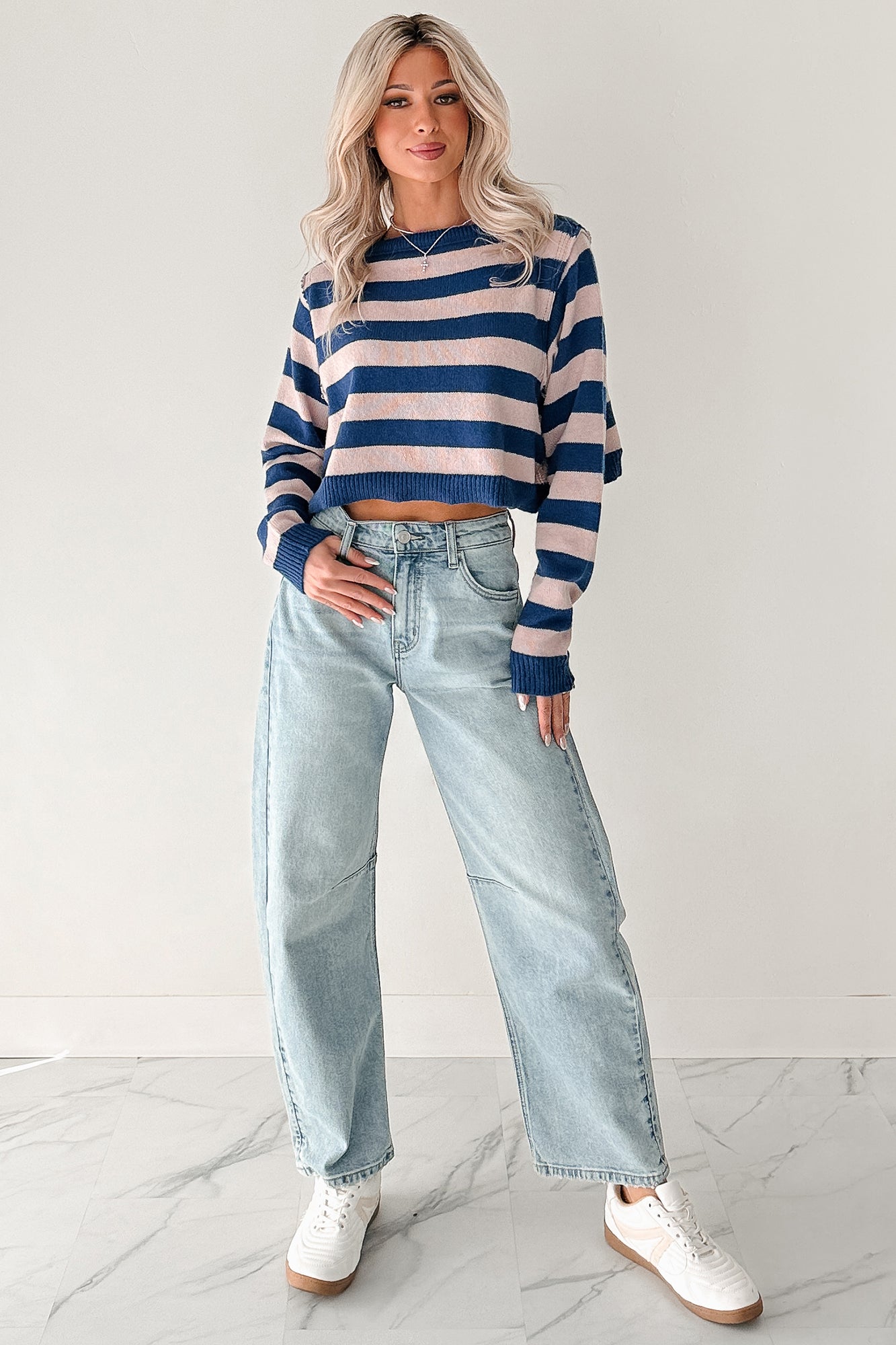 Wishing Well Stripe Boat Neck Sweater (Cobalt/Dusty Pink)