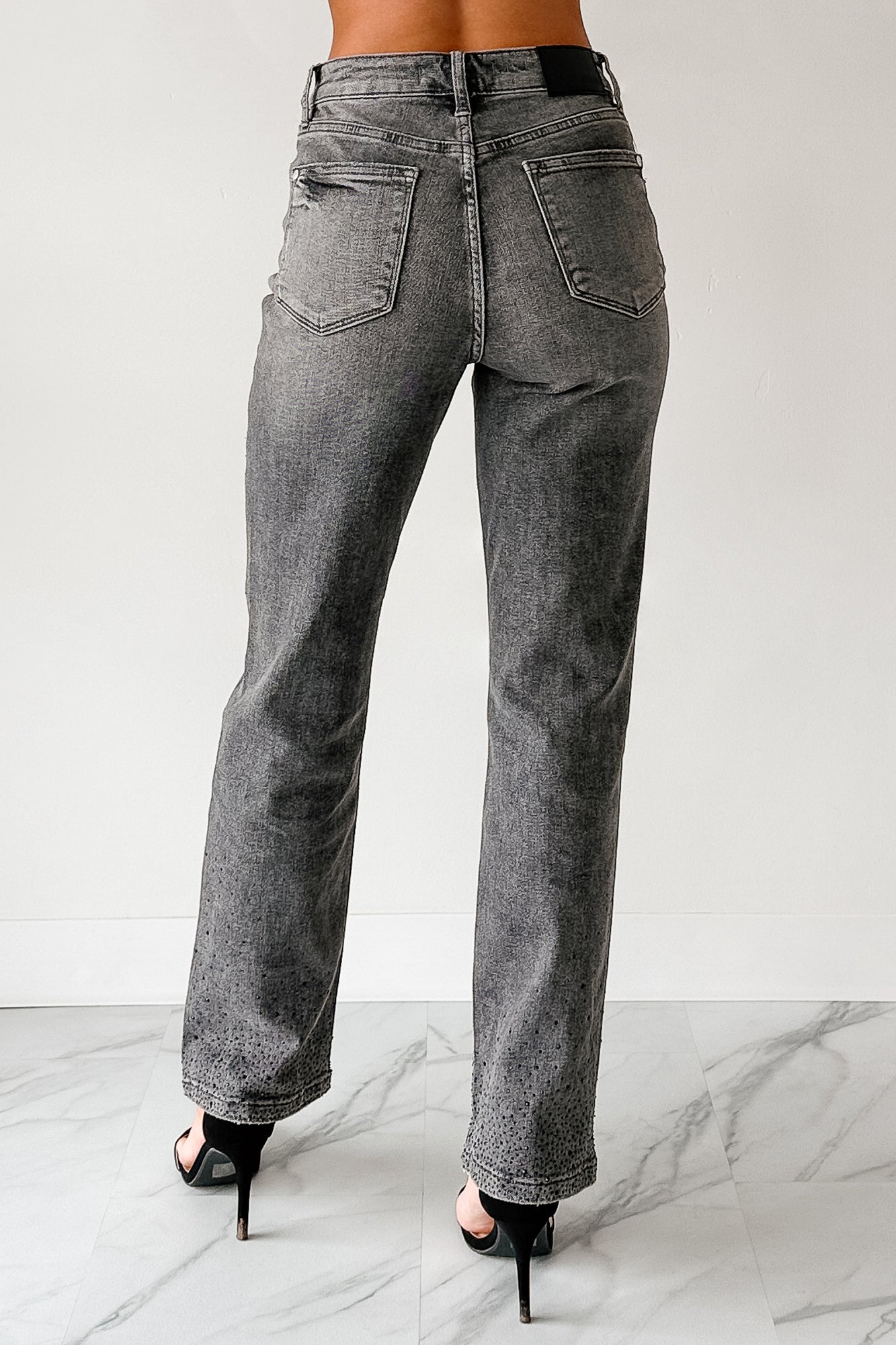 Kourtney Judy Blue Rhinestone Detail Straight Leg Jeans (Grey)