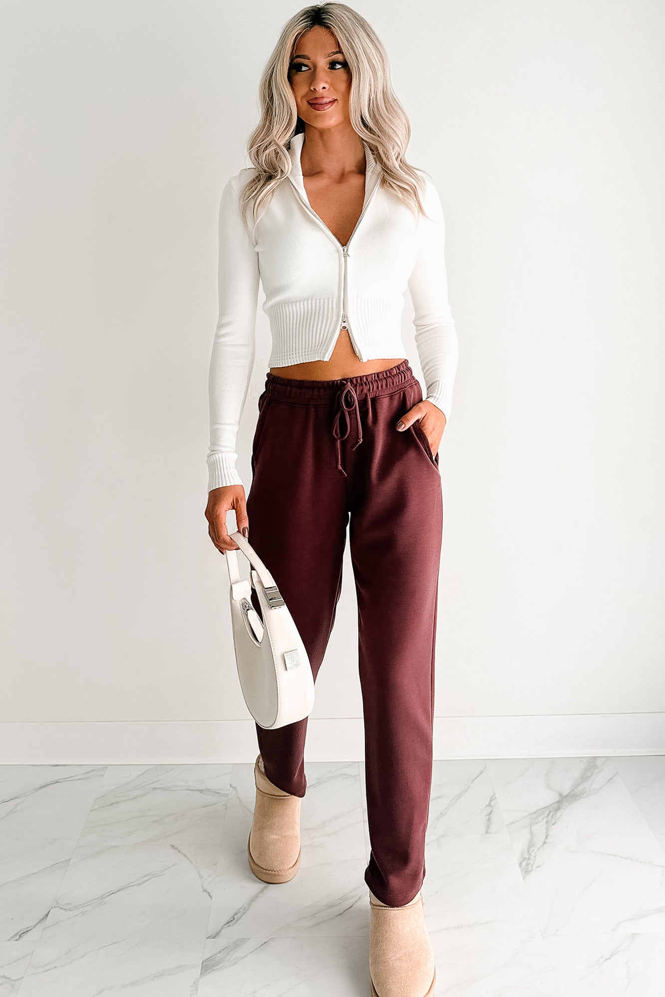 Chasing Goals Soft Front Tie Cropped Jogger Pants (Maroon)