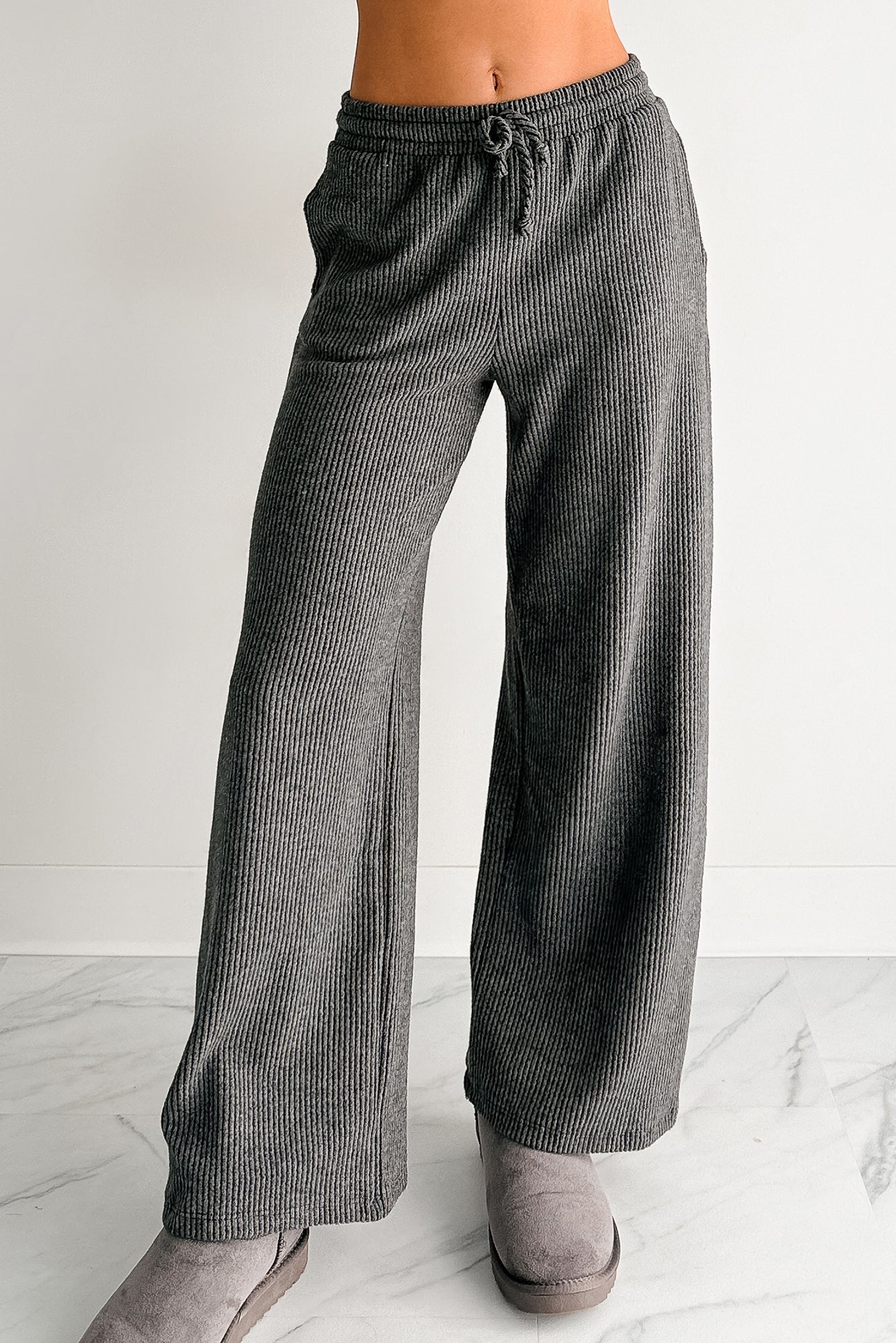 Cozy Feeling Ribbed Wide Leg Pants (Charcoal)