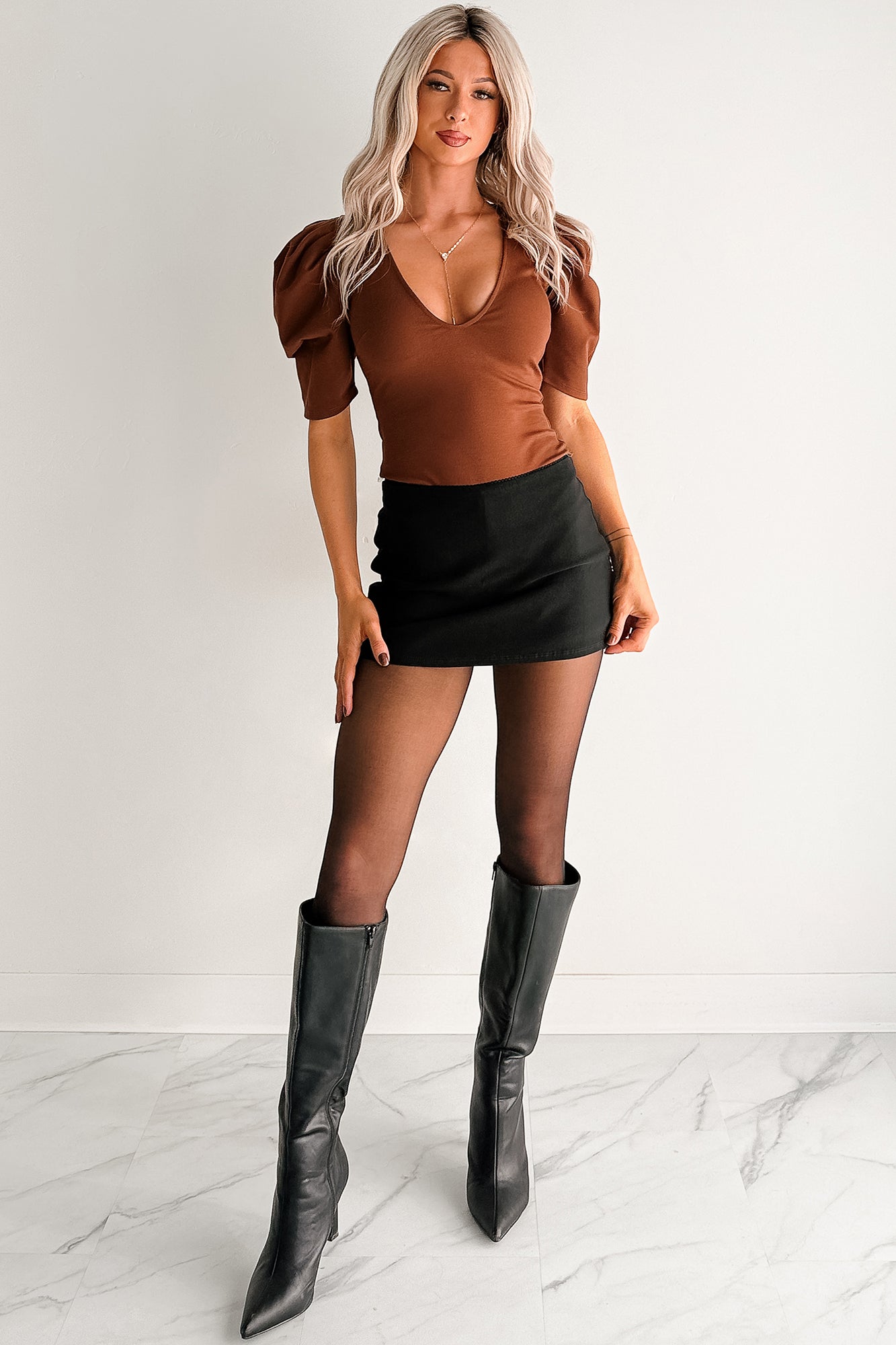 Limitless Nights Deep V Puff Sleeve FORE Bodysuit (Chocolate)