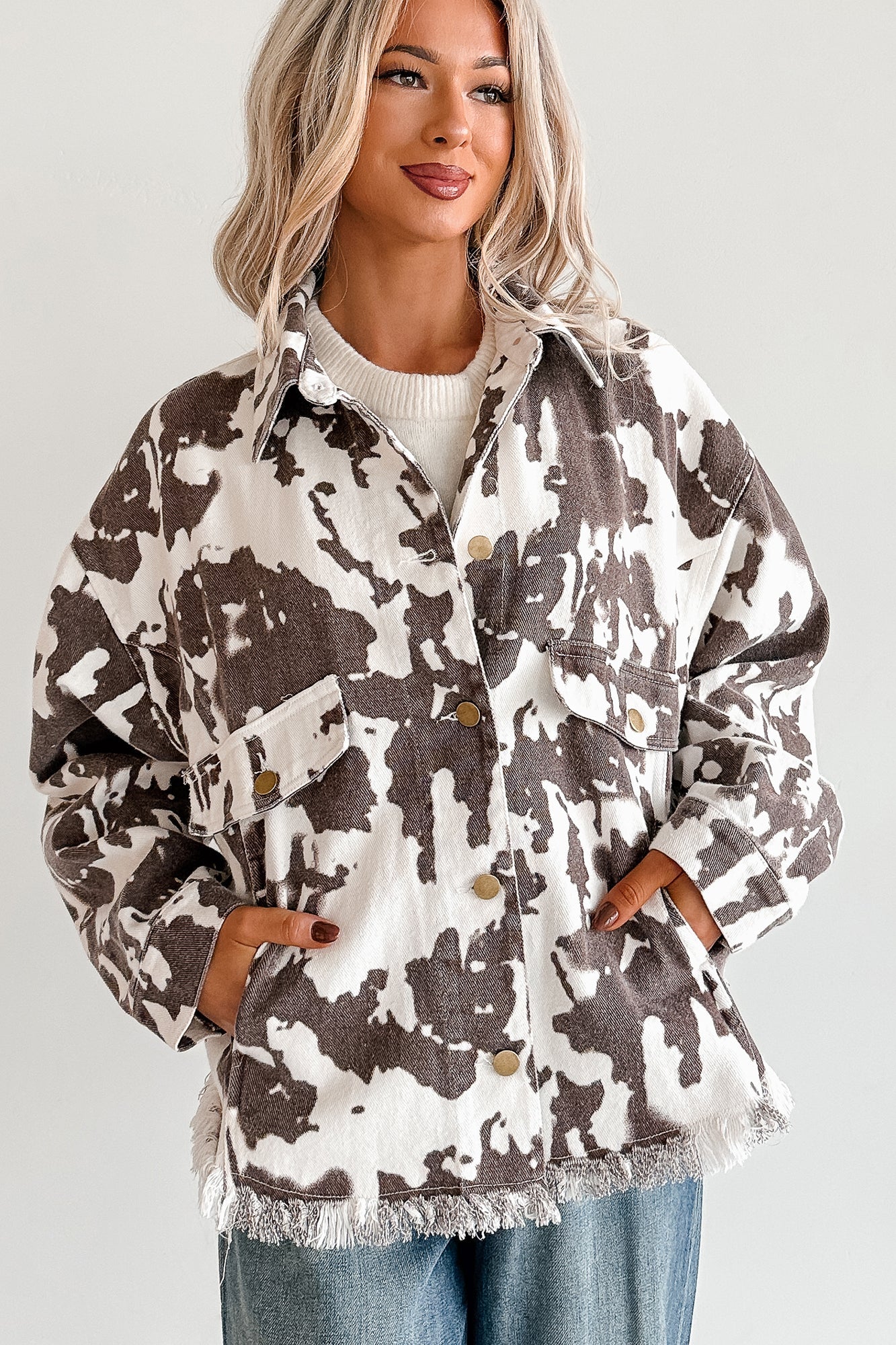 Cowgirl Spirit Oversized Raw Hem Shacket (Taupe Cow)