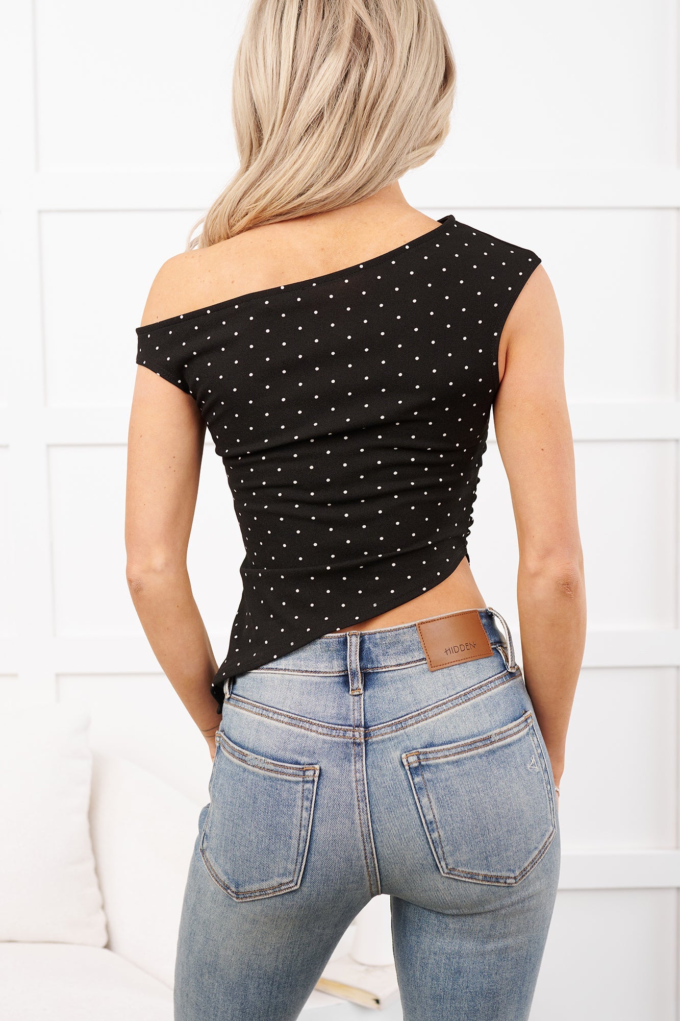 Girlish Glee One Shoulder Polka-Dot Top (Black/Ivory)