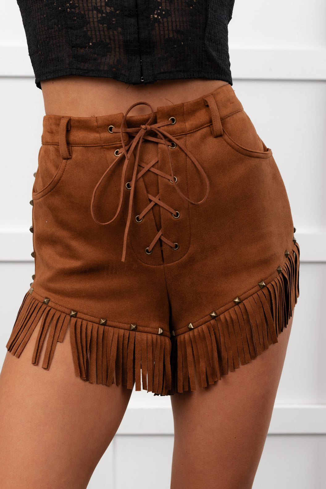 Cider & Stars Faux Suede Fringe Detail Shorts (Camel)