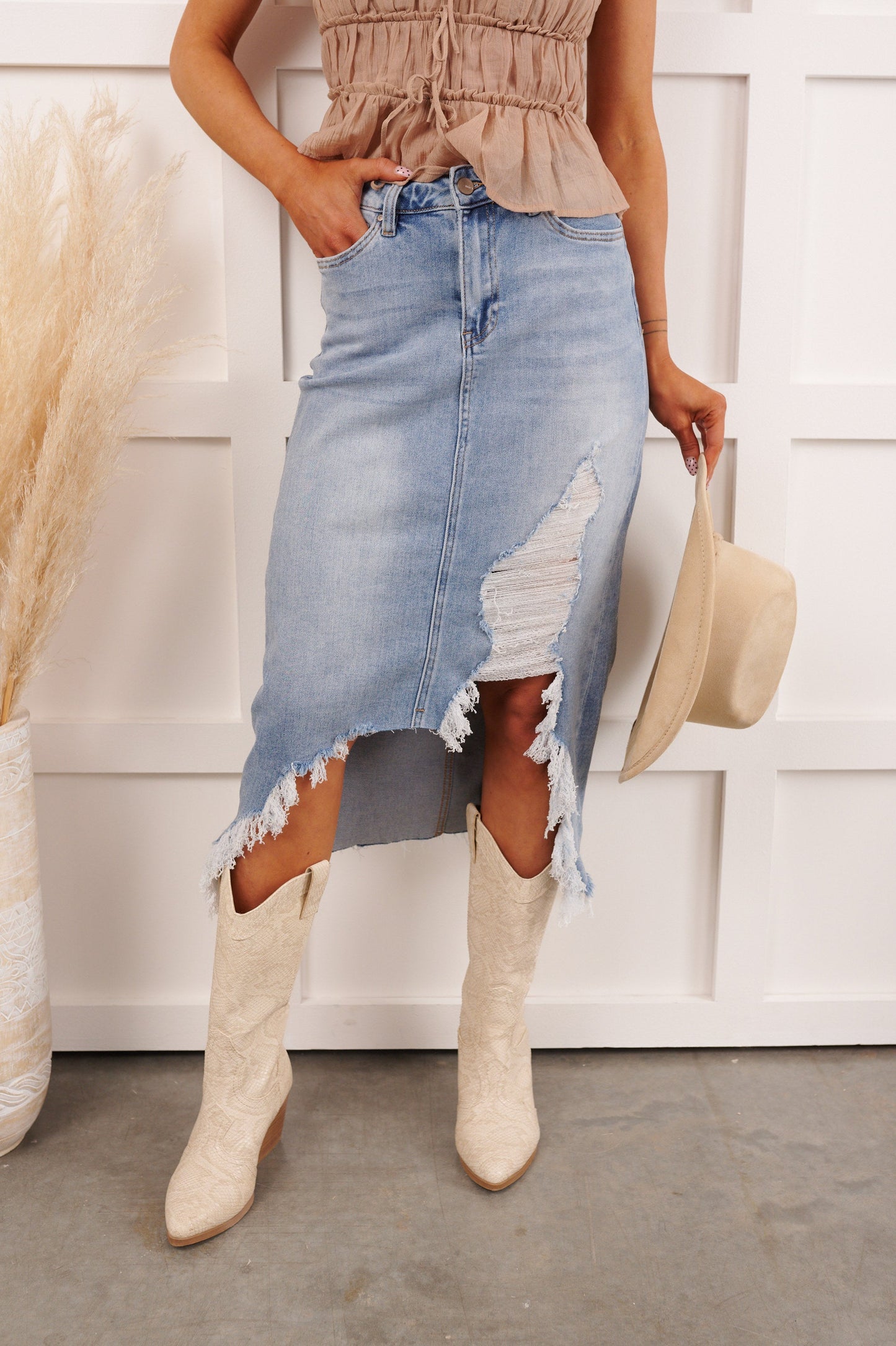Fearless Energy Distressed Midi Skirt (Wild Blue)
