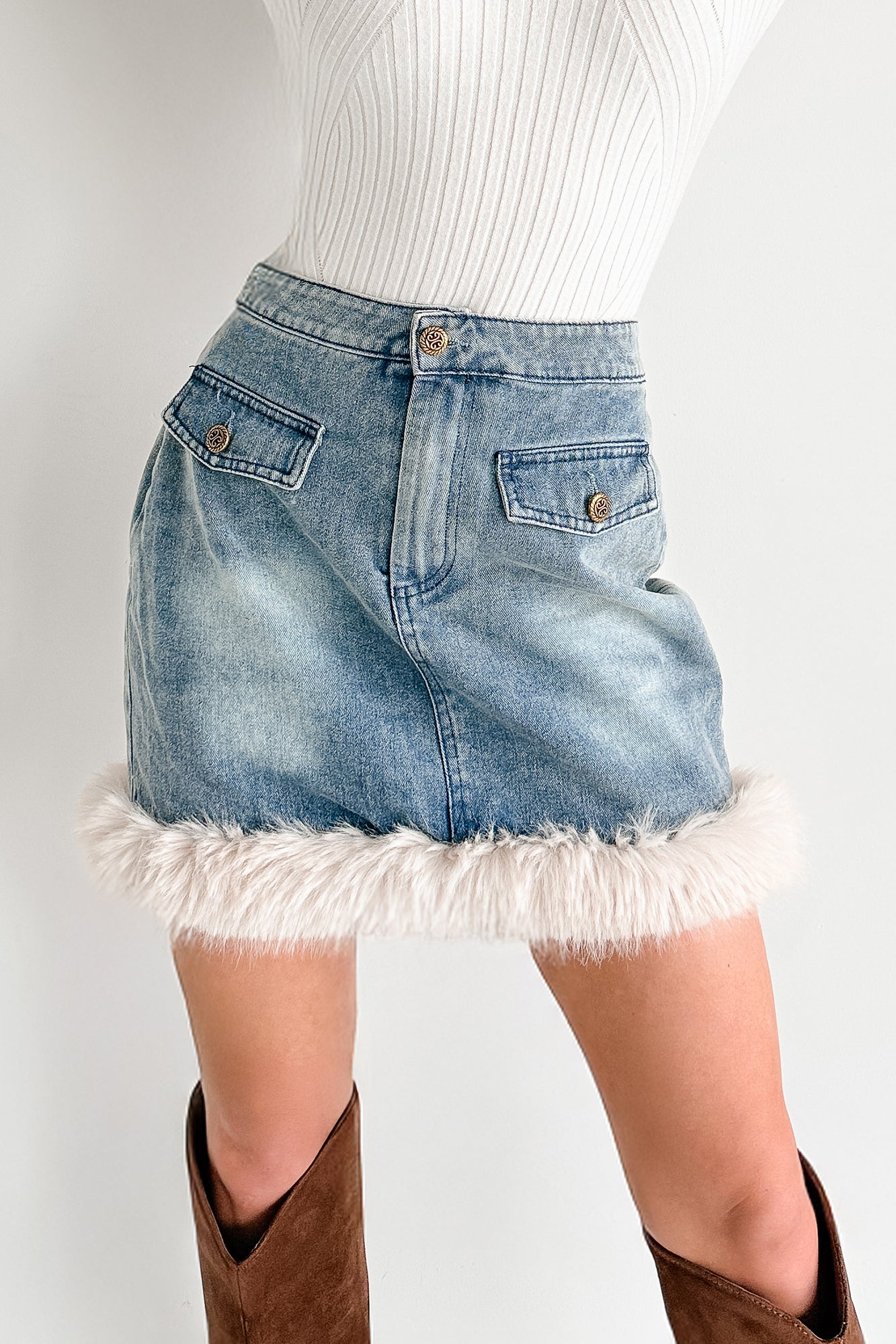 Charm Season Faux Fur Trim Mini Skirt (Denim Blue)