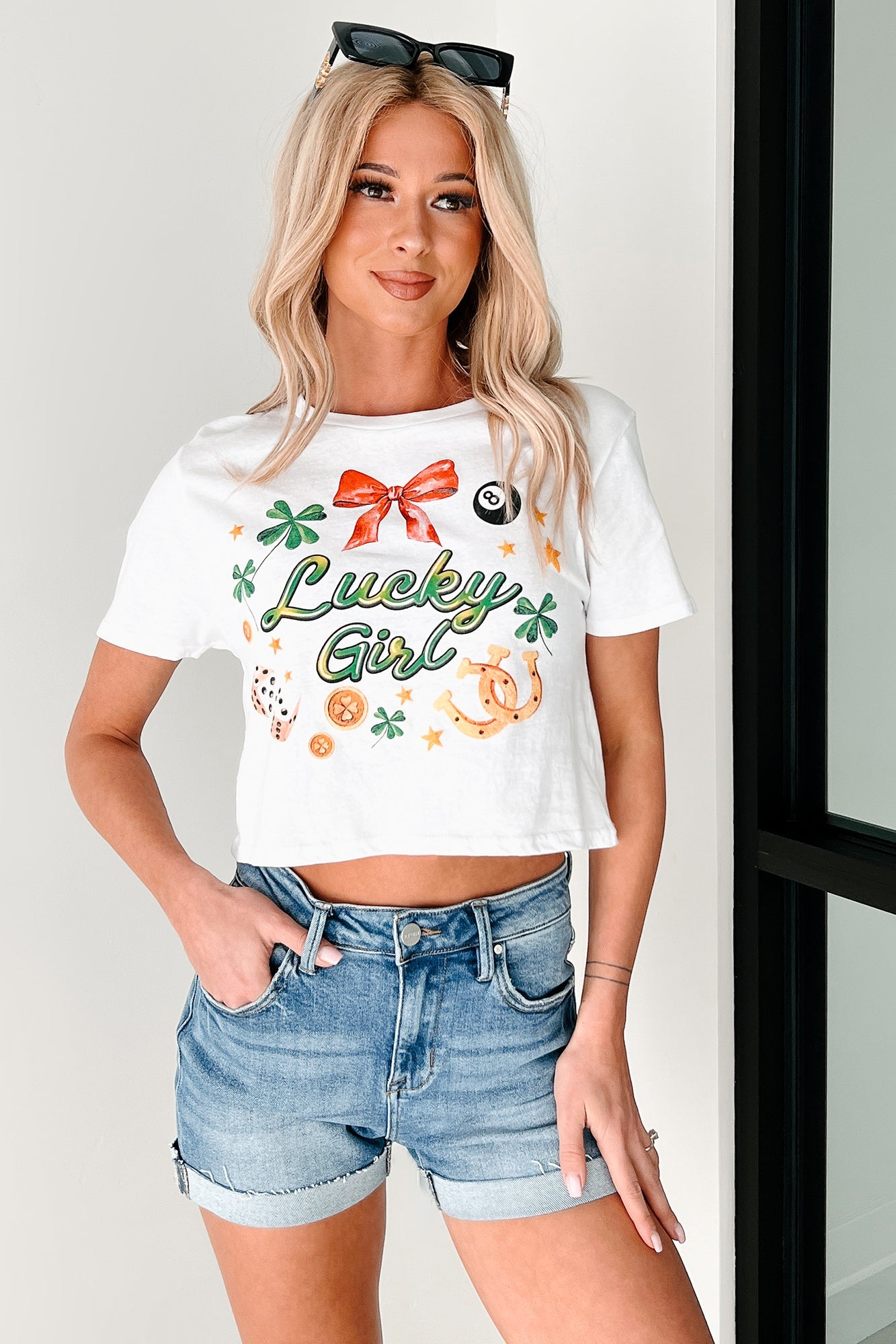 Lucky Girl Graphic Cropped T-Shirt (White)