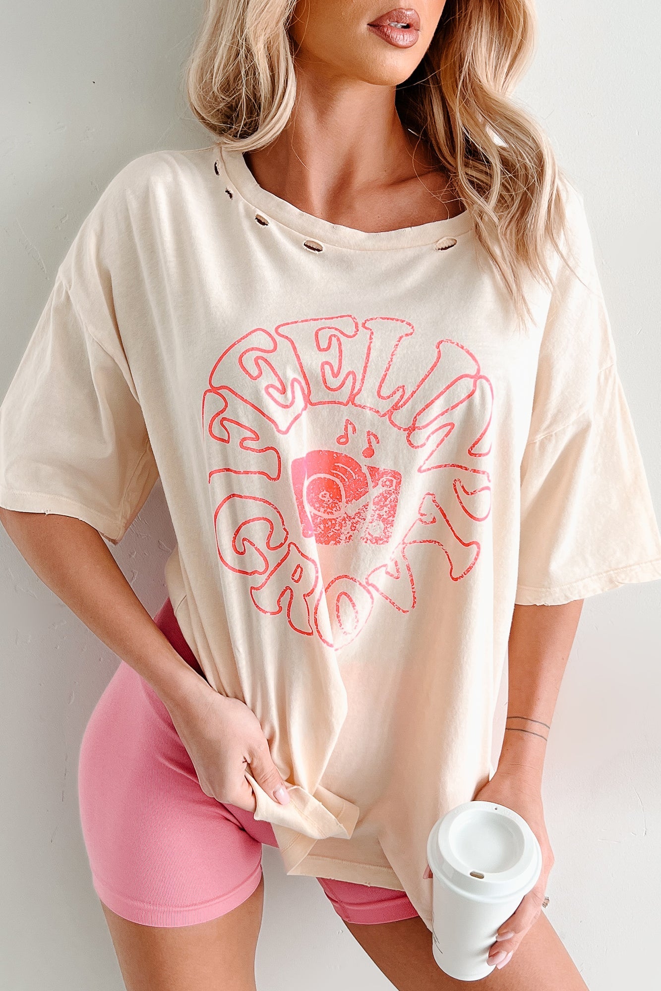 "Feelin' Groovy" Distressed Graphic T-Shirt (Vanilla)