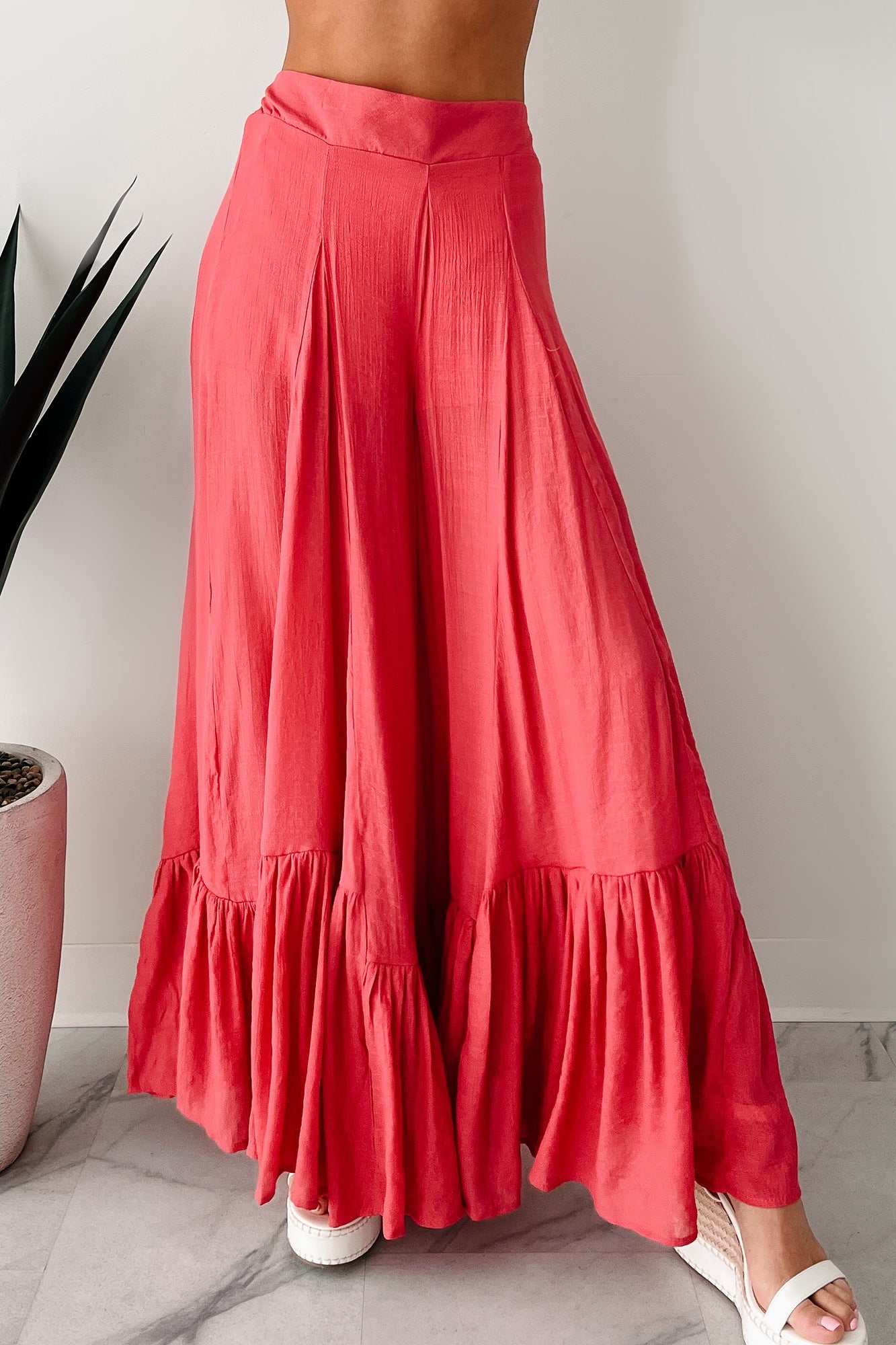 Flower Crown Vibes Sheer Ruffle Wide Leg Pants (Coral Red)