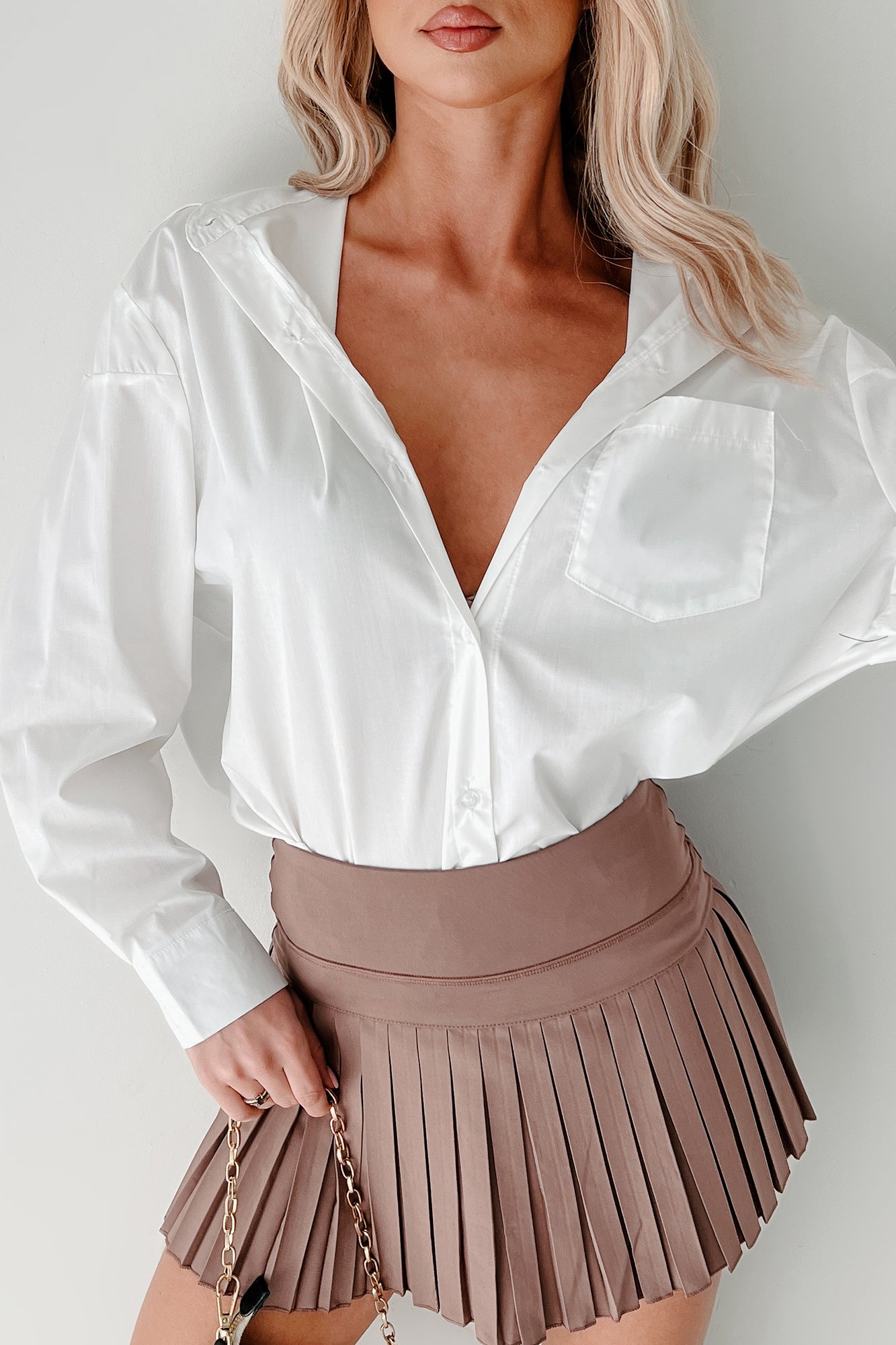 Deadline Hustle Long Sleeve Collared Top (White)