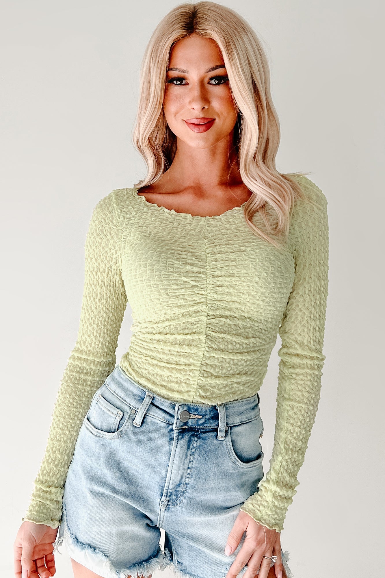 Heart Skipping Textured Long Sleeve Top (Green Tea)