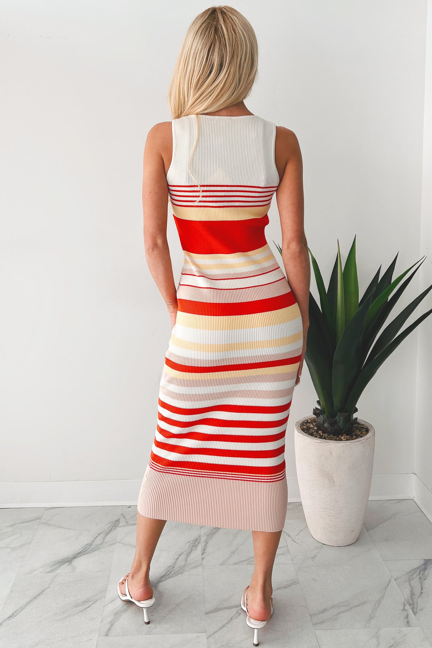 Comfortably Casual Striped Midi Dress (Tomato/Combo)