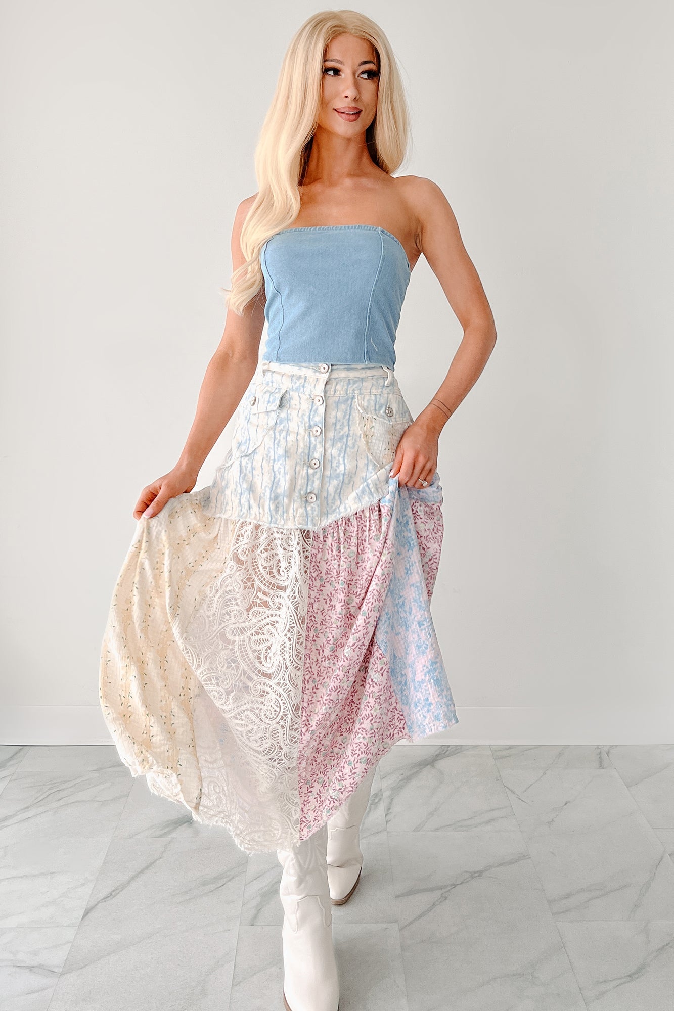 Moonlit Path Patchwork Maxi POL Skirt (Blue/Multi)