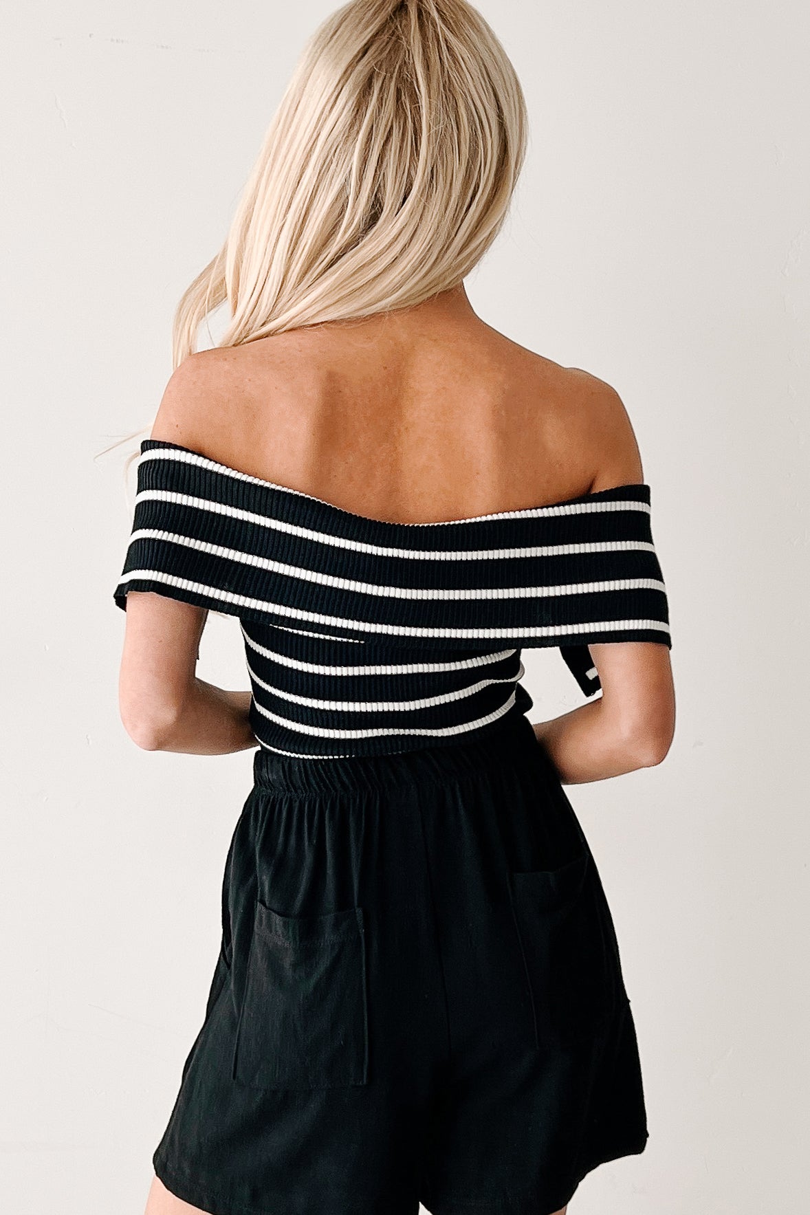 Lovely & Kind Off The Shoulder Striped Zip-Up Top (Black)