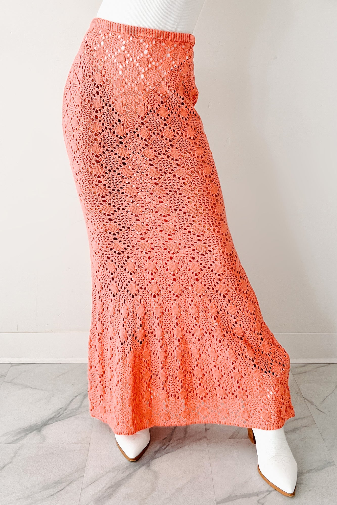 Tropical Trails Crochet Maxi Skirt (Coral)