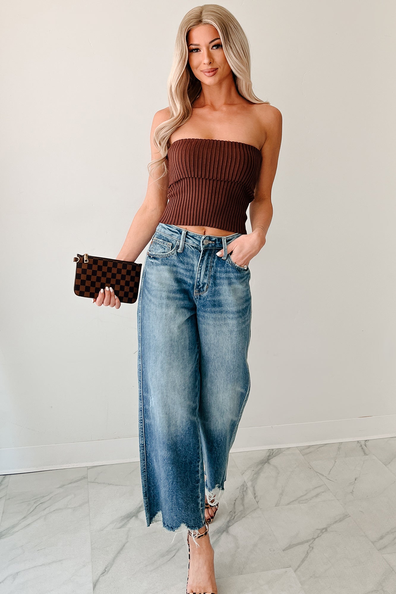 Cozy Corner Ribbed Strapless Fold Over Top (Chestnut)