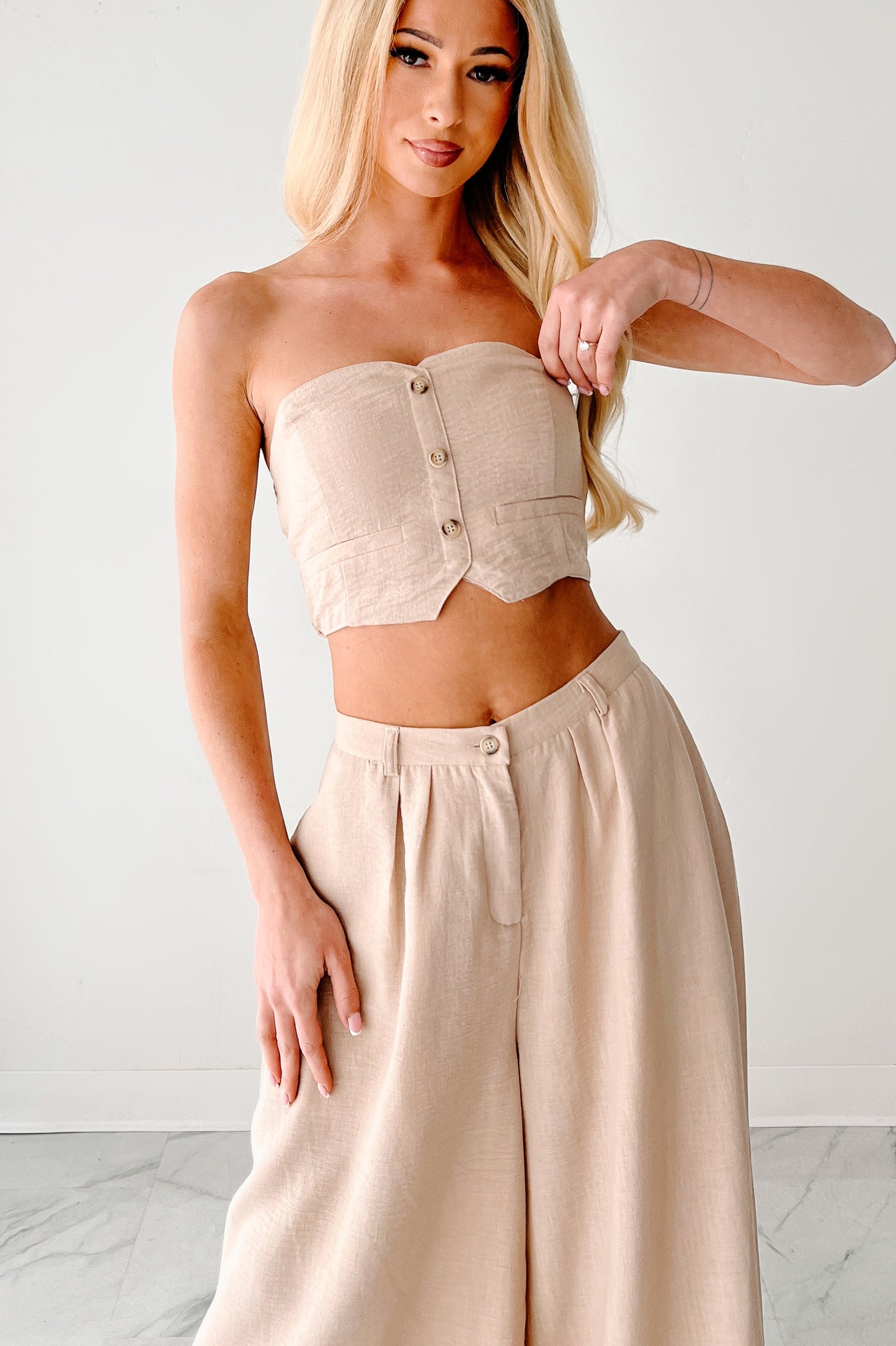 Heartthrob Moments Strapless Crop Top & Pant Set (Beige)