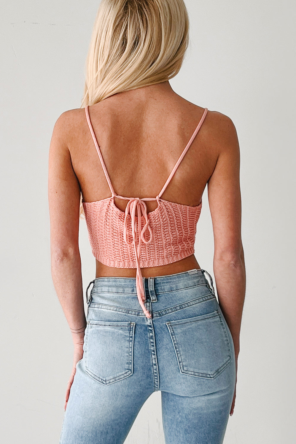 Lips That Linger Lace Up Crochet Cami Top (Apricot)