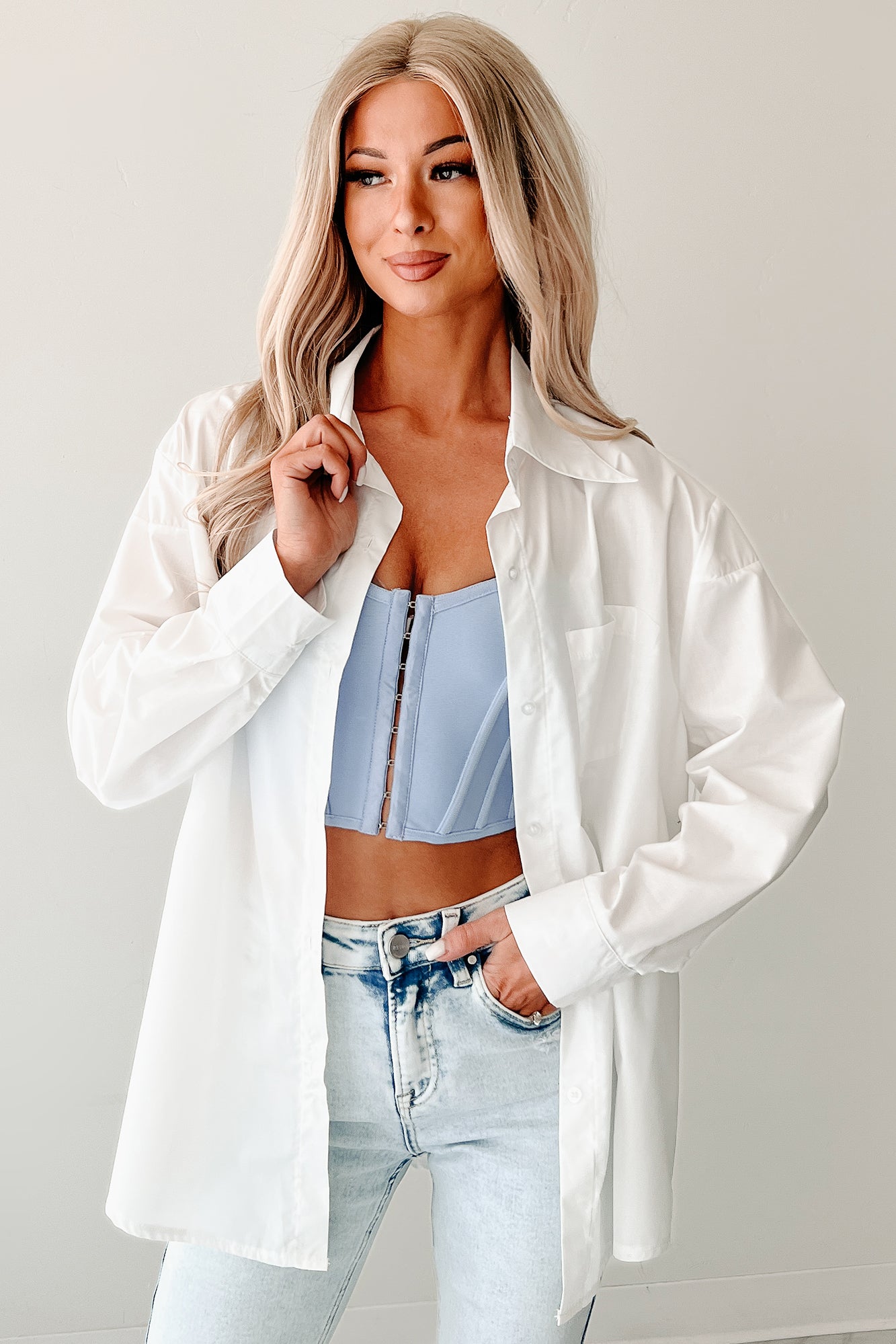 Deadline Hustle Long Sleeve Collared Top (White)