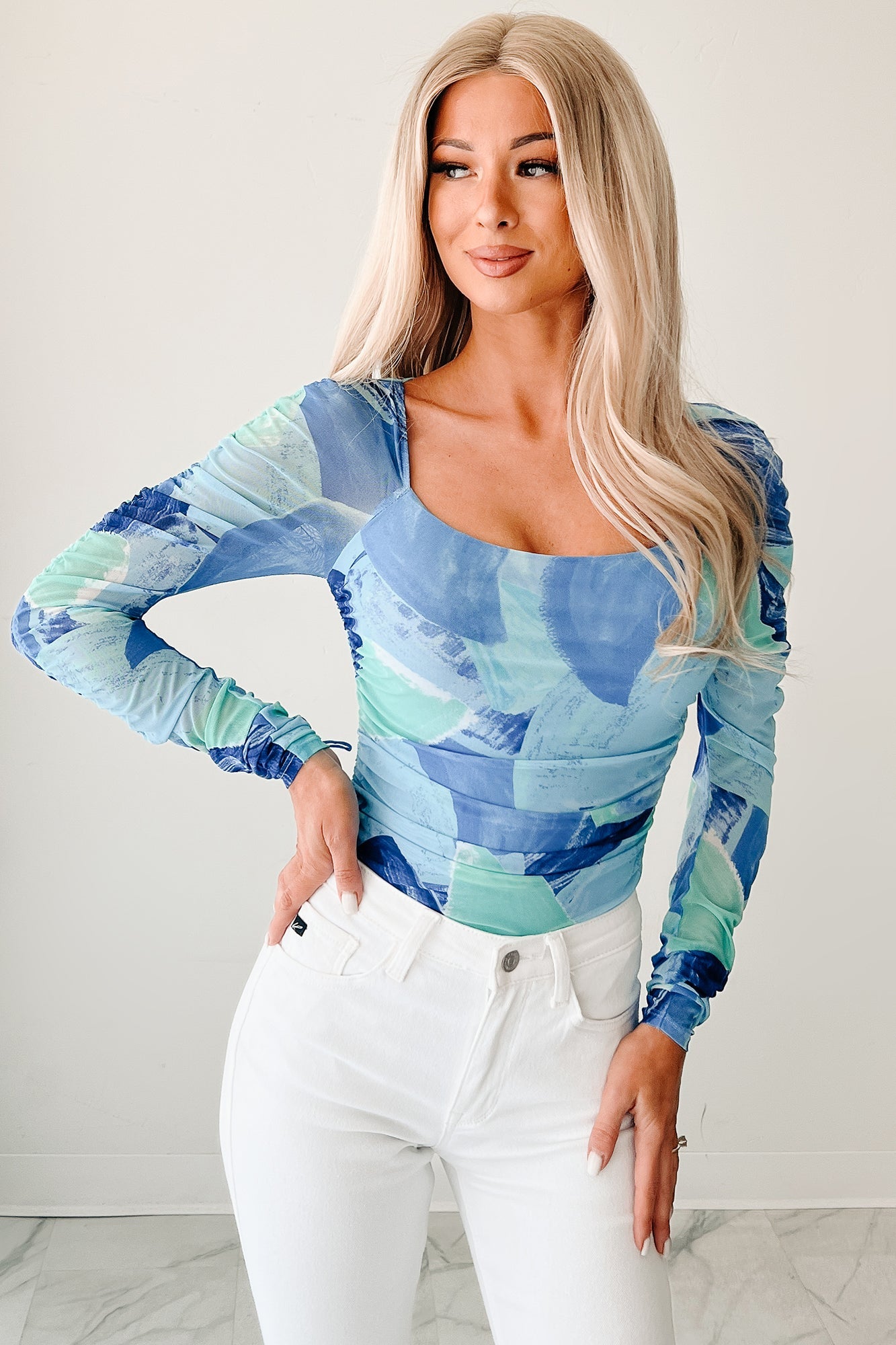 Faint Freshness Abstract Mesh Long Sleeve Bodysuit (Blue)