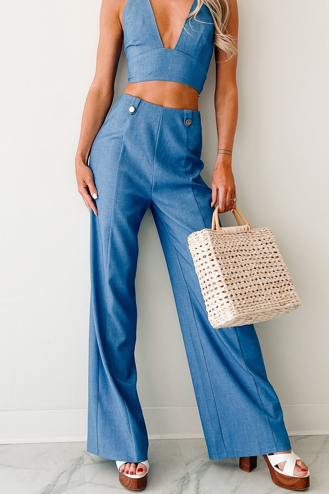 Blush Hour Halter Top & Pants Set (Denim Blue)