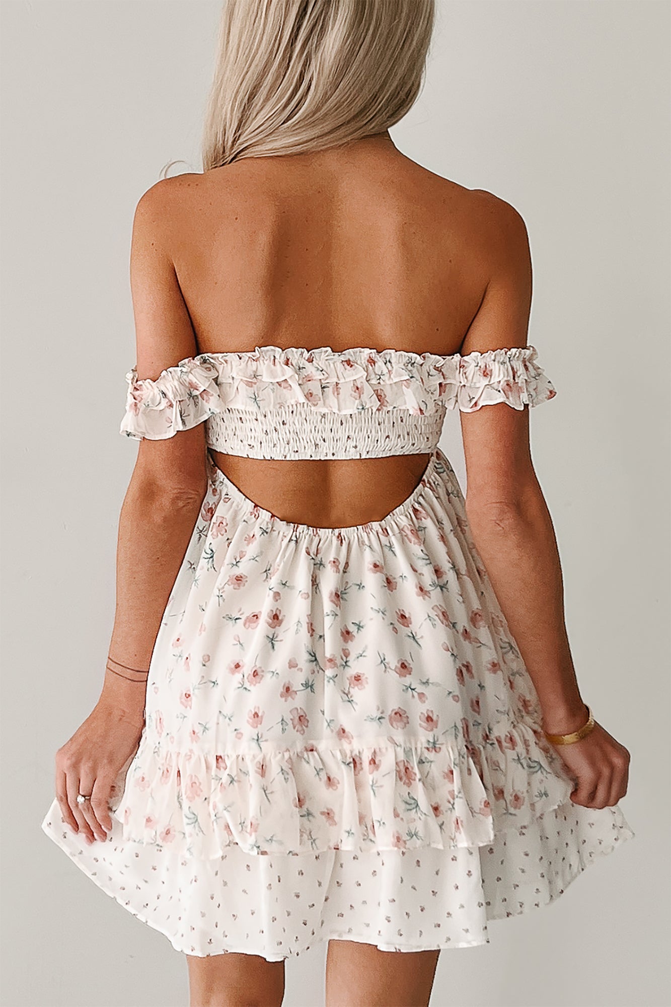 Becoming Her Off The Shoulder Floral Mini Dress (Cream)