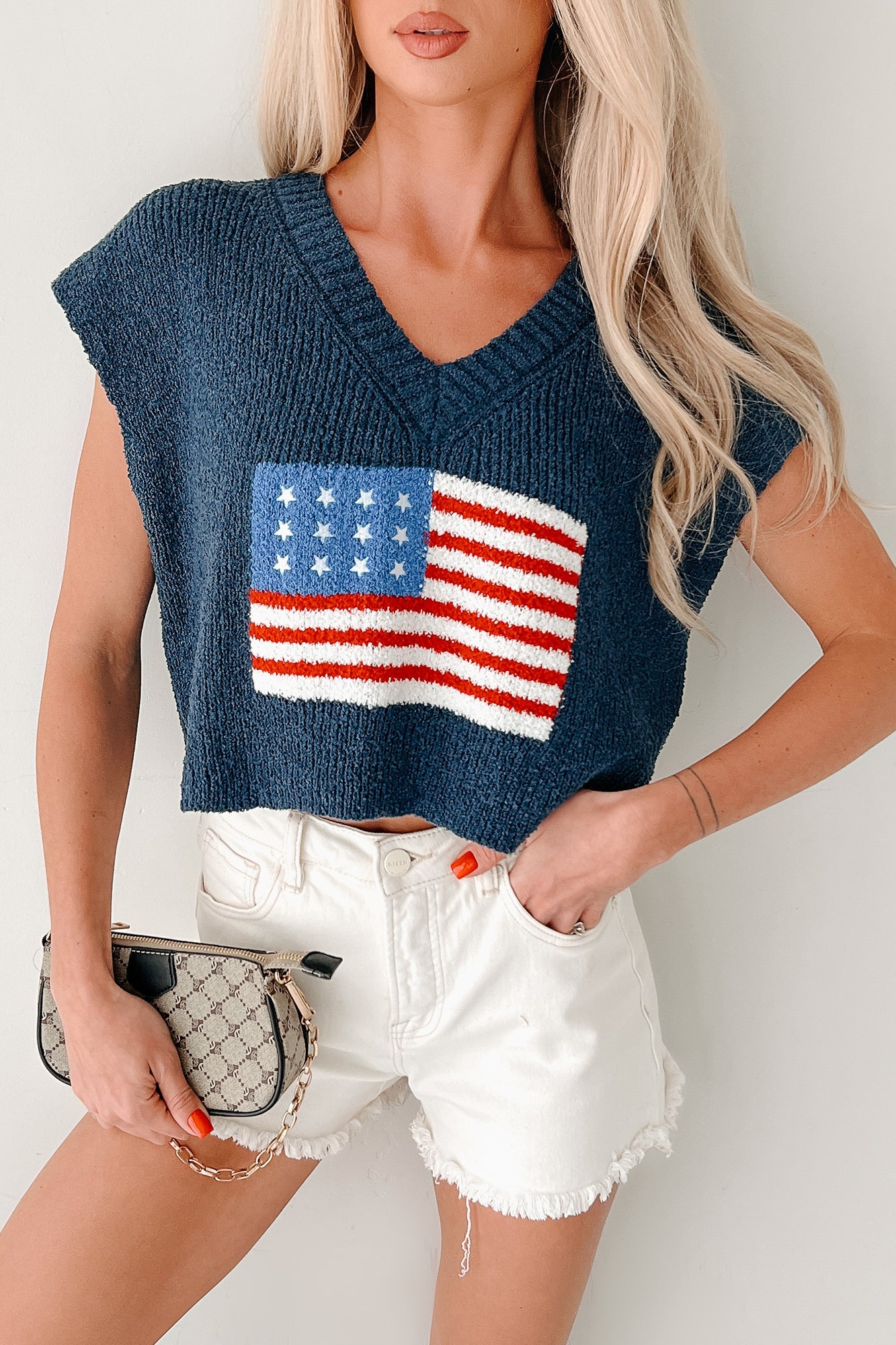 Waving Still American Flag Sweater Vest (Navy)