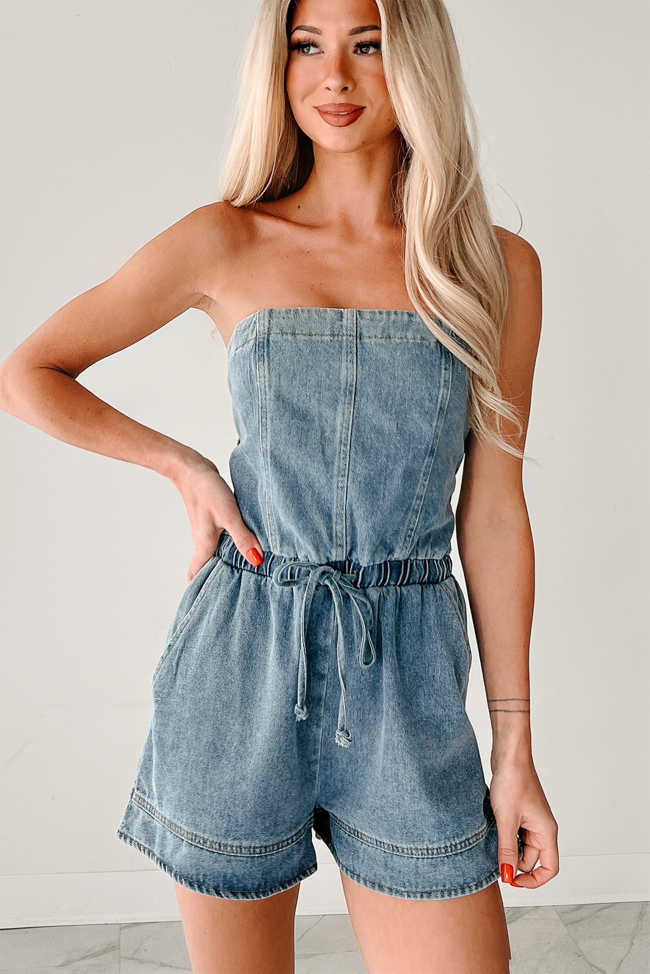 High Noon Honey Strapless Denim Romper (Light Denim)