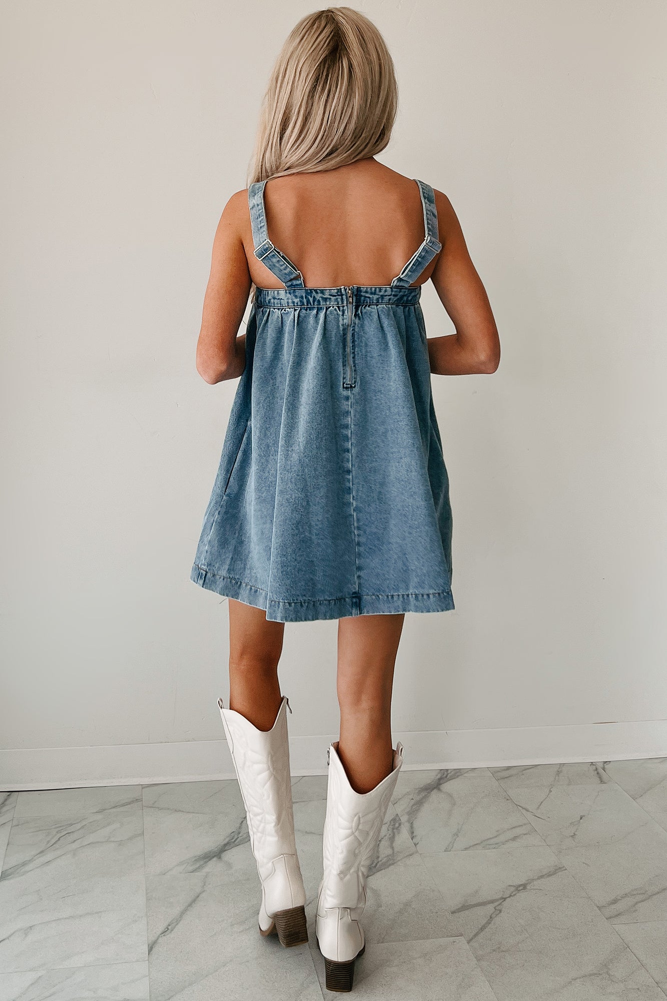 Day By Day Sleeveless Babydoll Mini Dress (Denim)