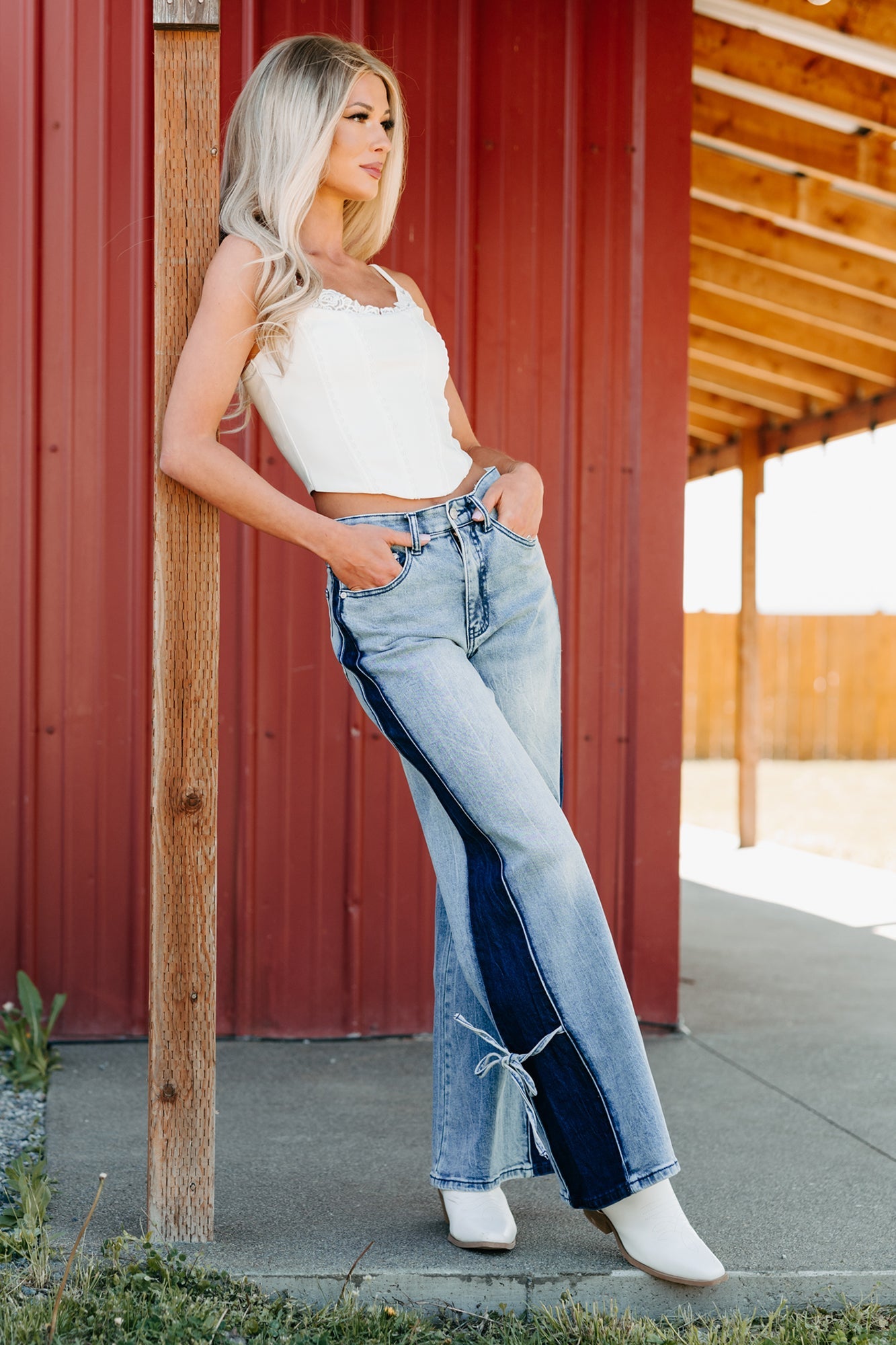 Wes Contrast Side Saige Denim Wide Leg Jeans (Medium Light)