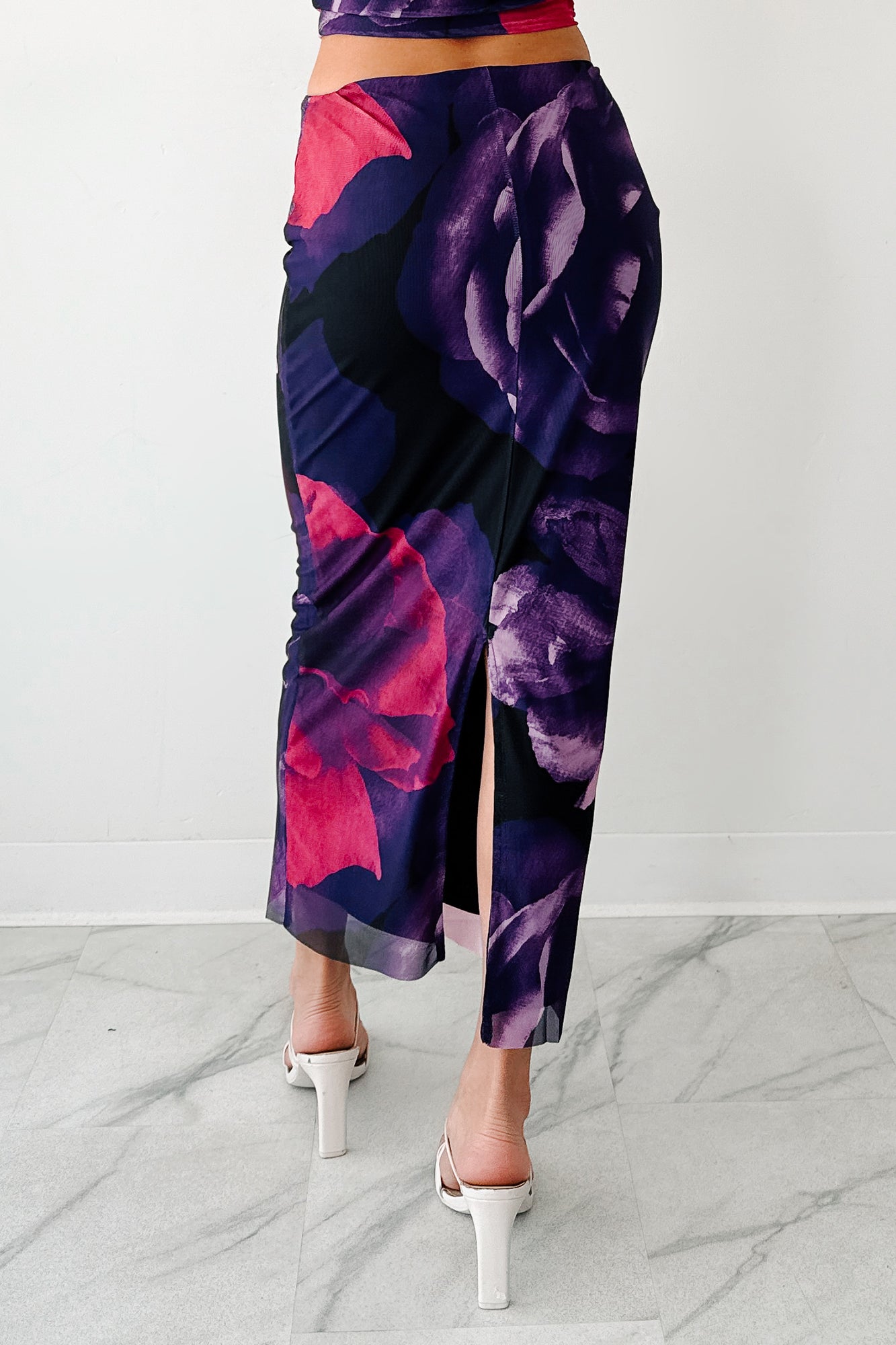 Mood Manifest Floral Mesh Midi Skirt (Pink/Purple)