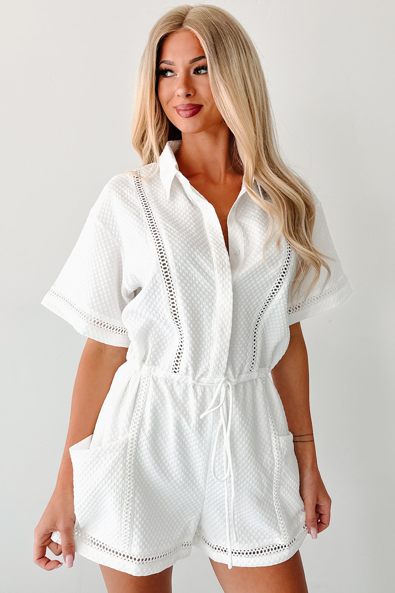 No Surprises Drawstring Waist Romper (White)