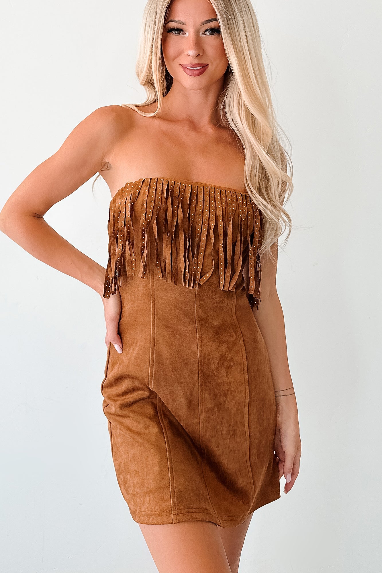 Country Dreams Suede Fringe Mini Dress (Brown)