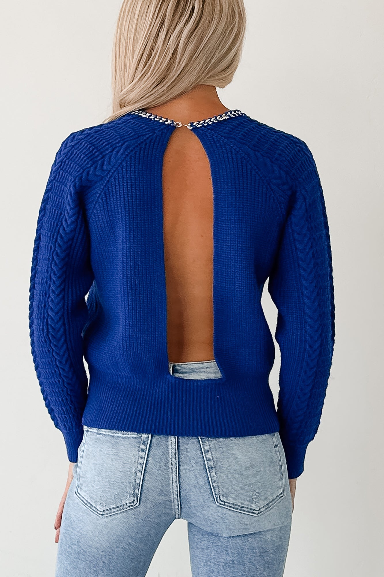 Chill Goals Chain Detail Cable Knit Fore Sweater (Blue)