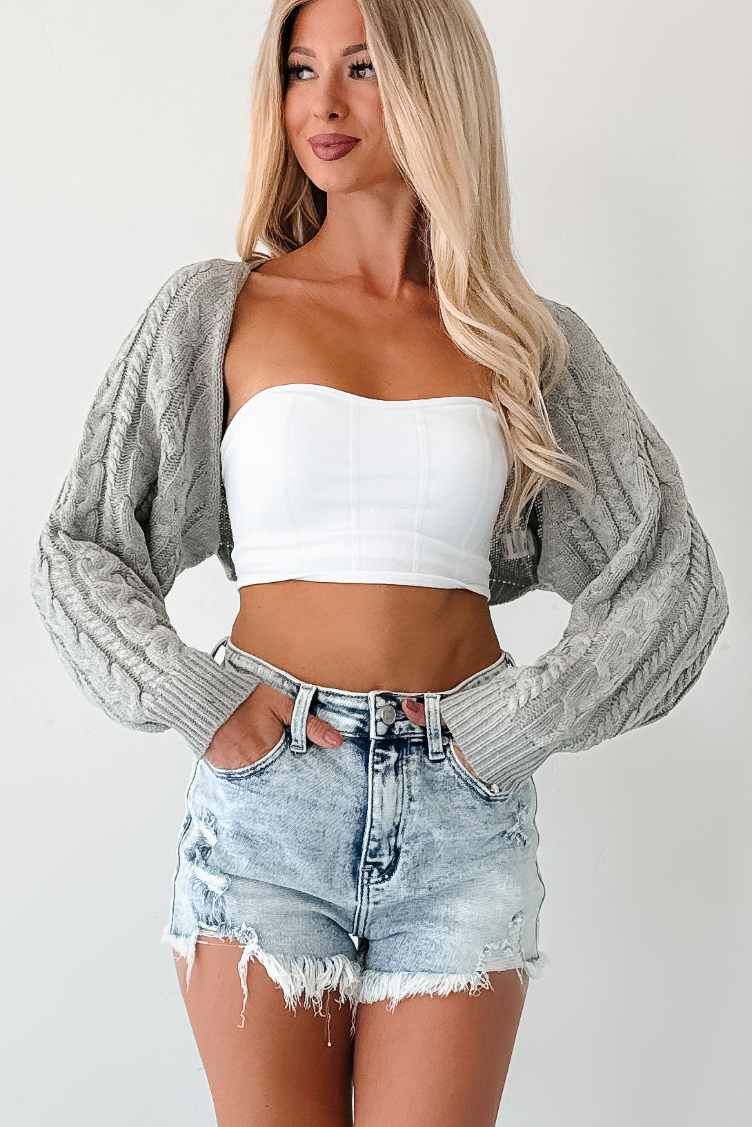 Ease Your Mind Cable Knit Bolero Shrug (Heather Grey)