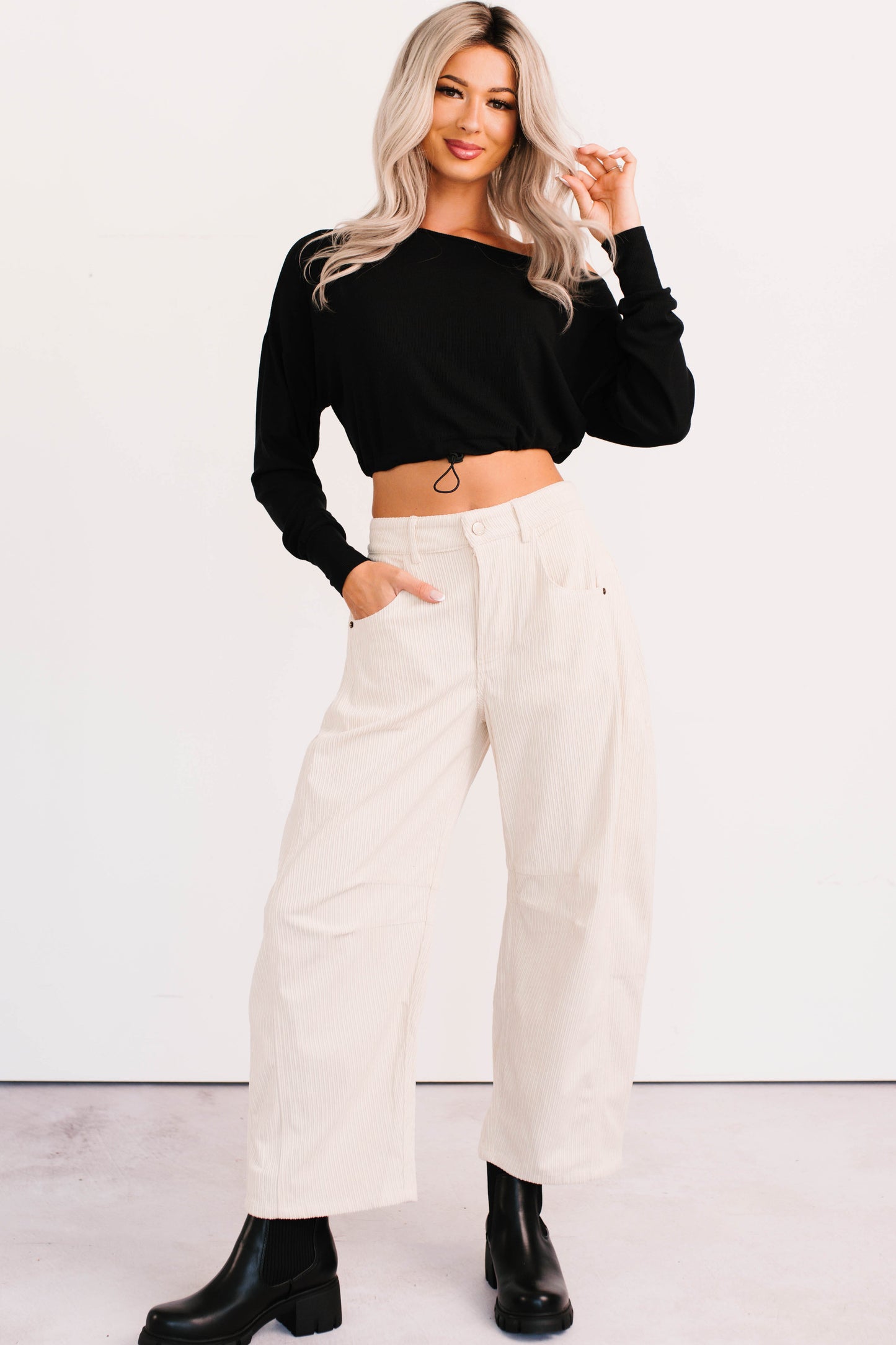 Glow Up Goals Ribbed Off The Shoulder Crop Top (Black)