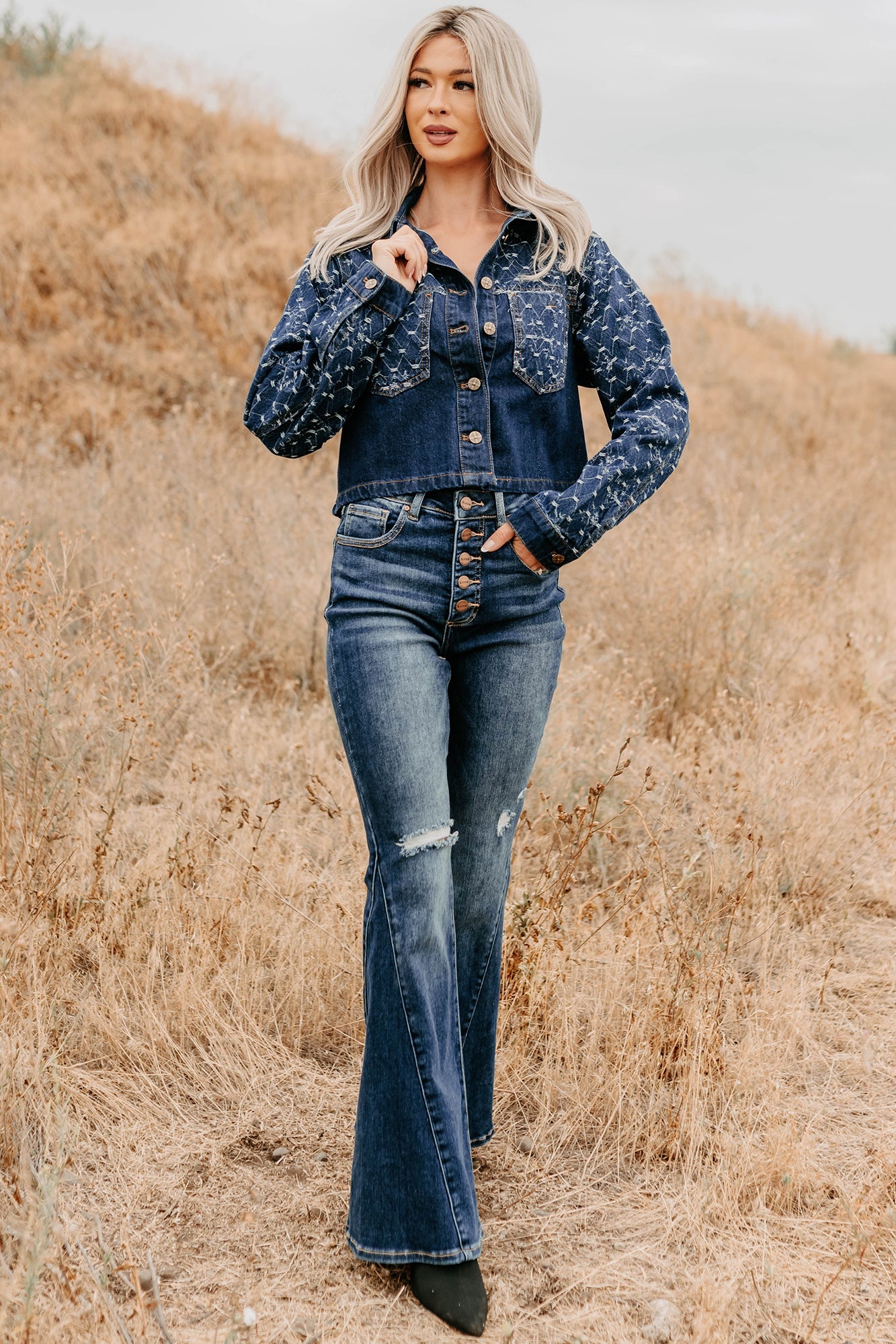 Say Less Do More Patterned Denim Jacket (Dark)