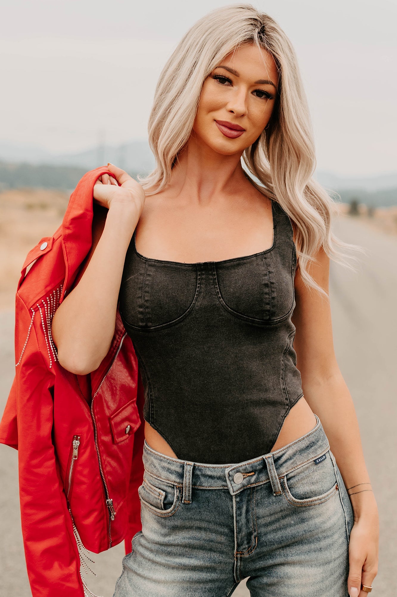 Fueled By Confidence Signature 8 Stretchy Denim Bodysuit (Washed Black)