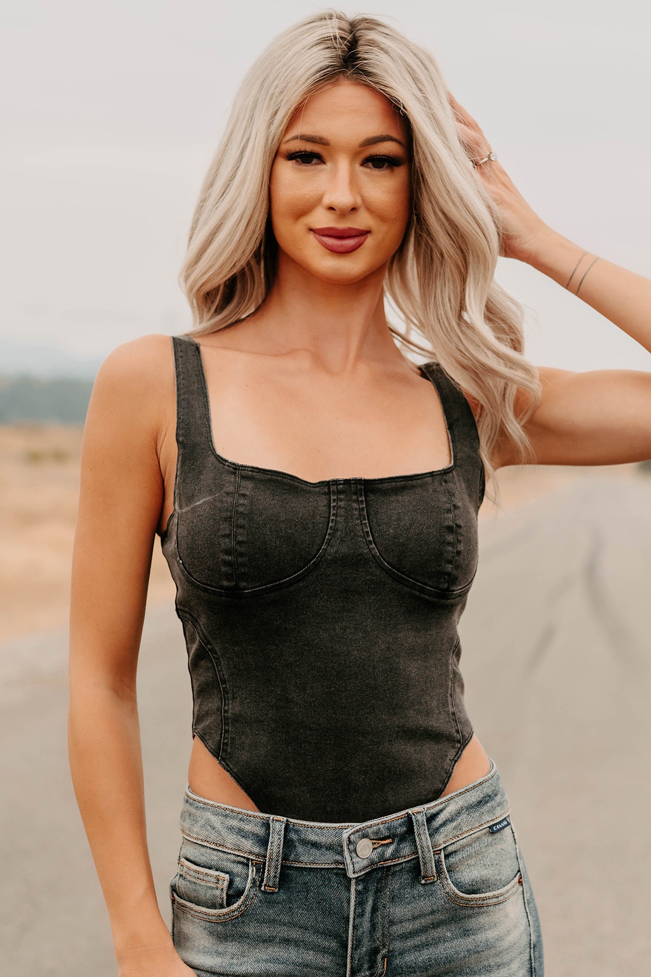 Fueled By Confidence Signature 8 Stretchy Denim Bodysuit (Washed Black)