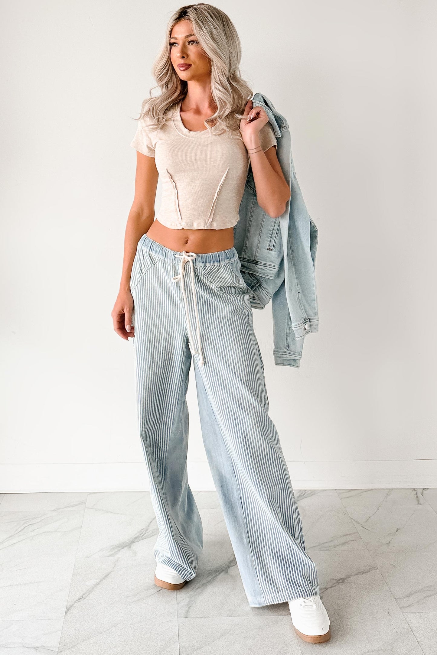 Franklin Striped Drawstring Wide Leg Jeans (Denim)