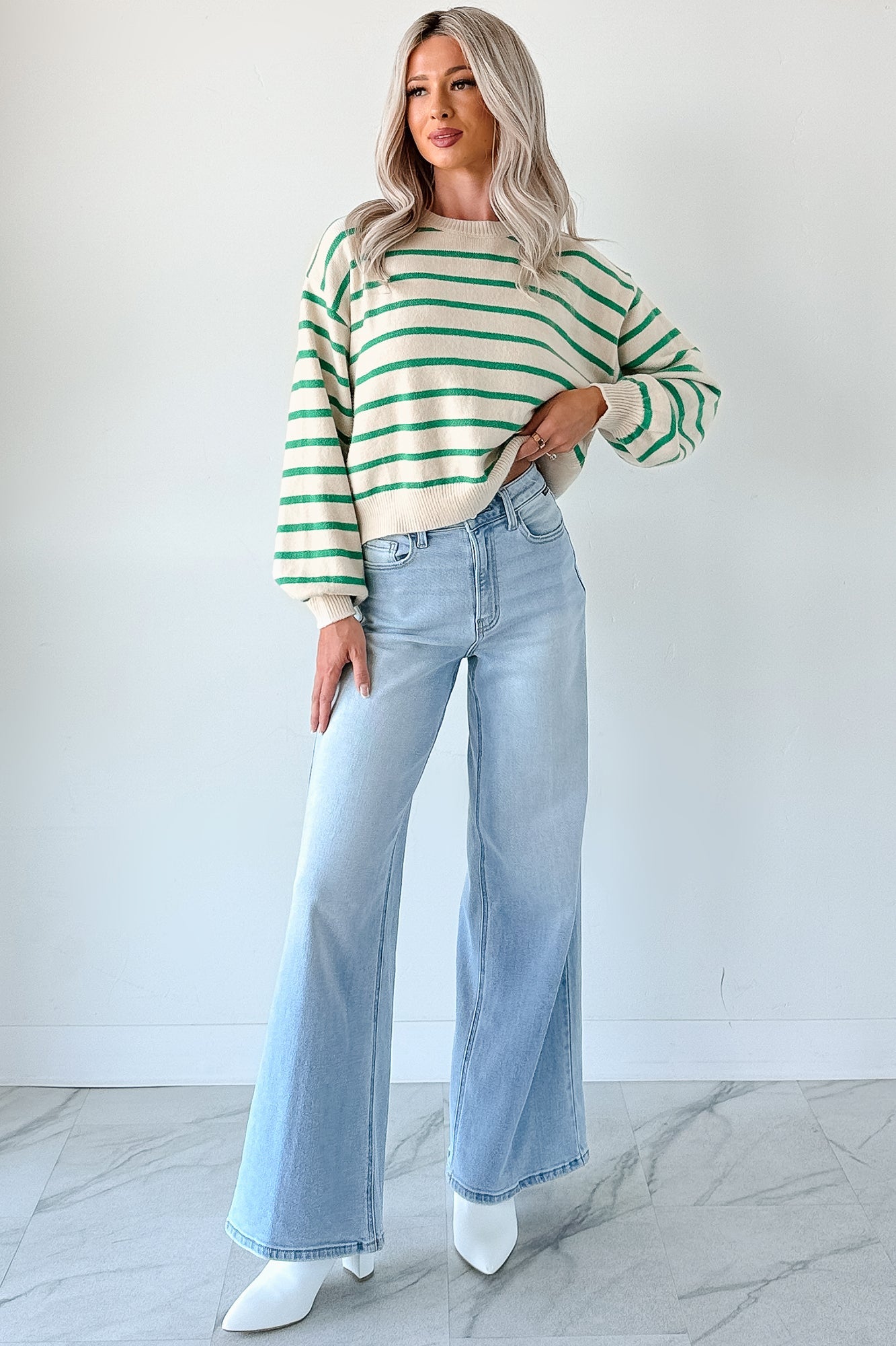 Morning Rituals Striped Button Detail Sweater (Green)