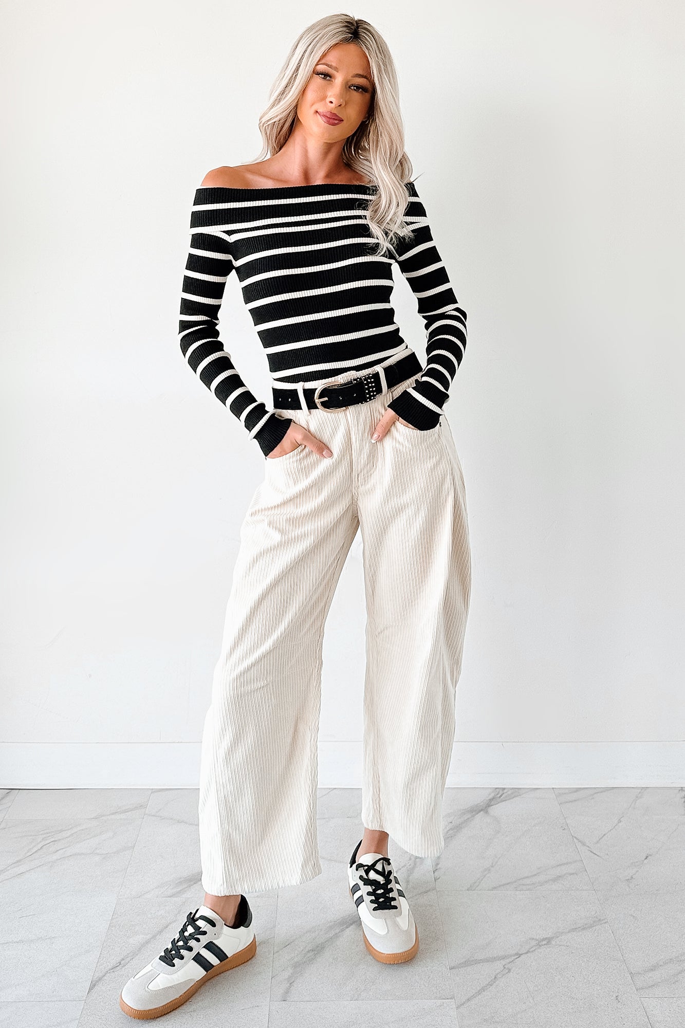 Leo Corduroy Barrel Leg Pants (Bone)