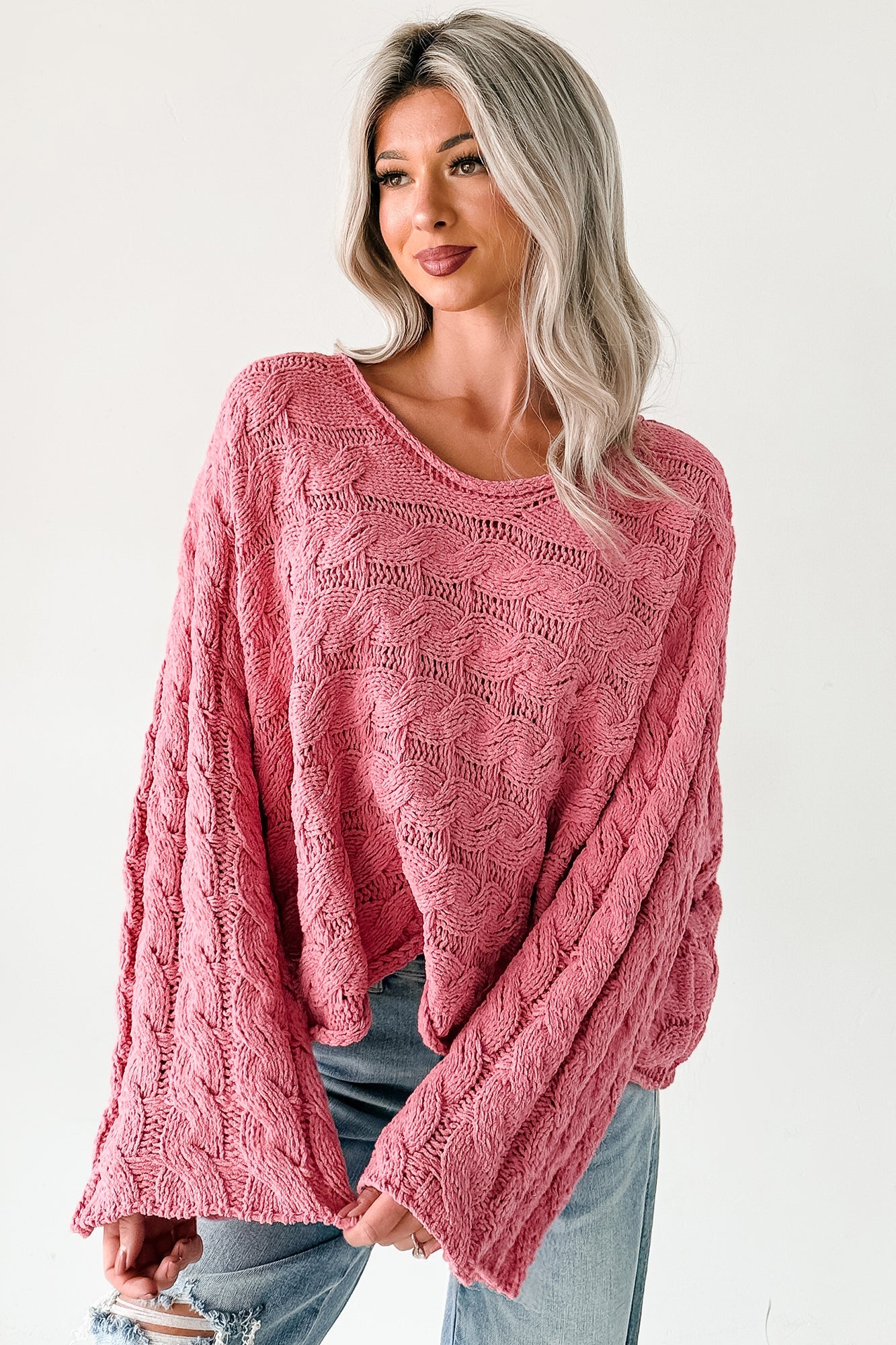 Making My Way Cable Knit POL Sweater (Pink)